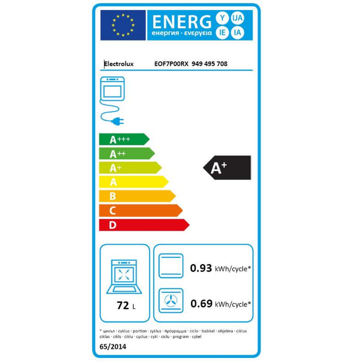 ELECTROLUX Four intégrable multifonction 72l 60cm a+ pyrolyse - eof7p00rx