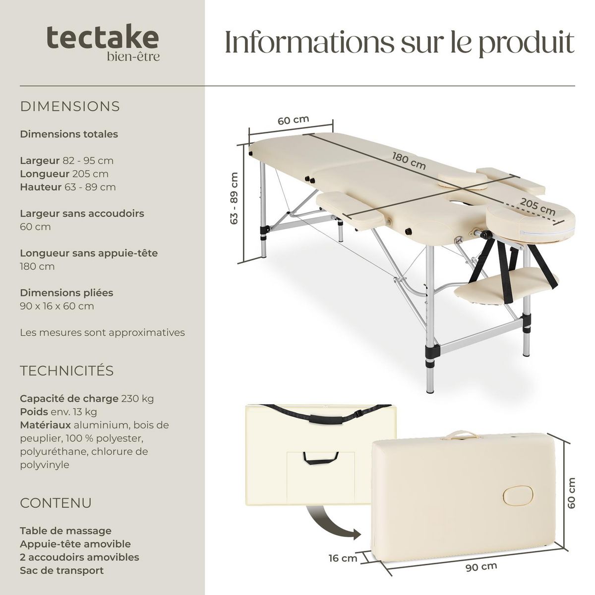 tectake Table de massage portable pliante 2 zones avec sac de transport inclus beige