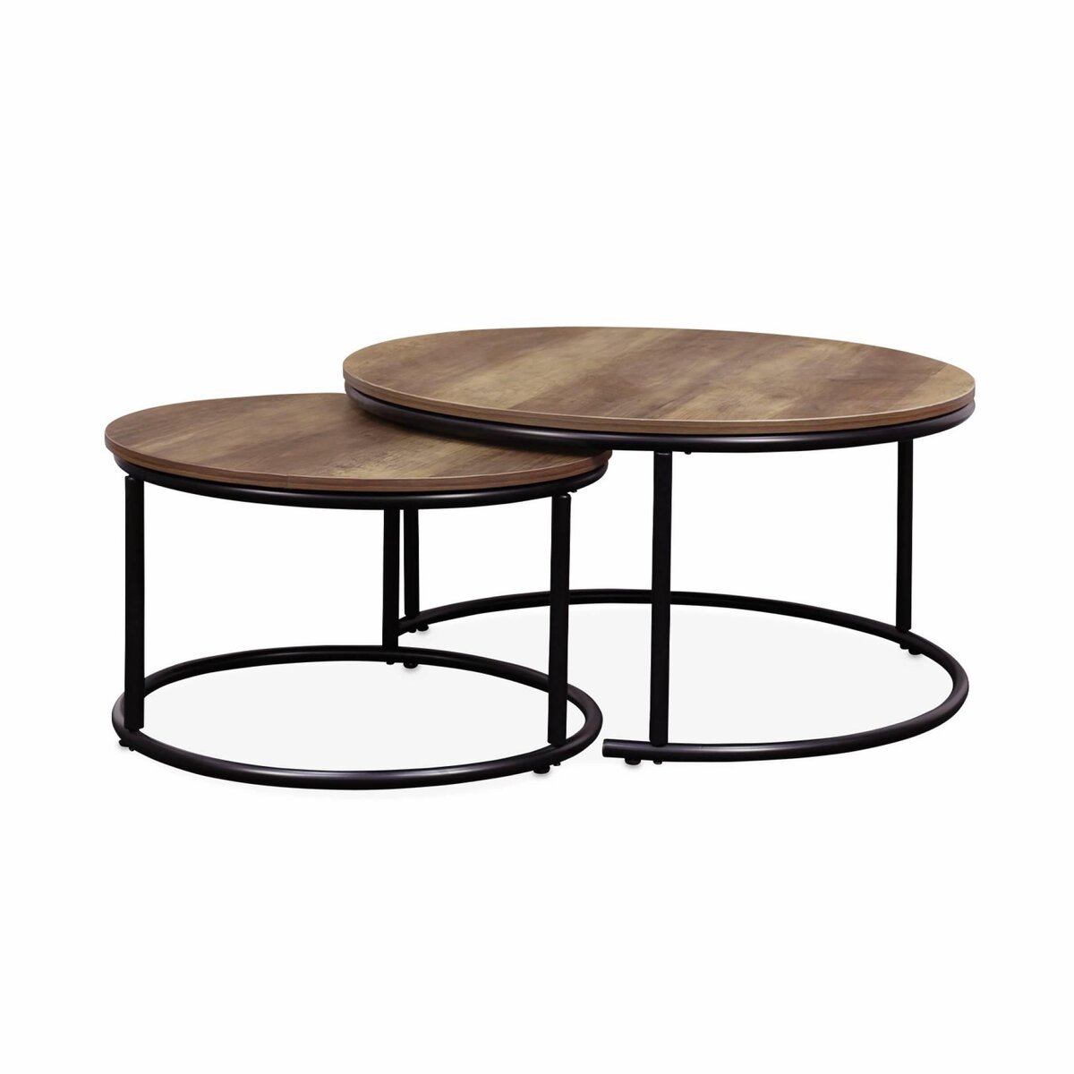 SWEEEK Lot de 2 tables gigognes rondes métal noir. décor bois - Loft - encastrables. 1x Ø77 x H 40cm / x1 Ø57 x H 35cm