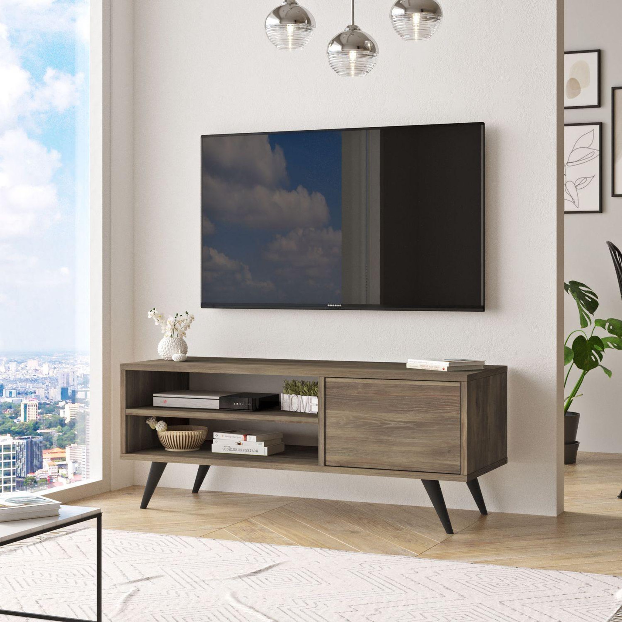Voir la diapositive 2 : TOILINUX Meuble tv avec 2 niches de rangement ouvertes et une porte abattante en panneaux de particule