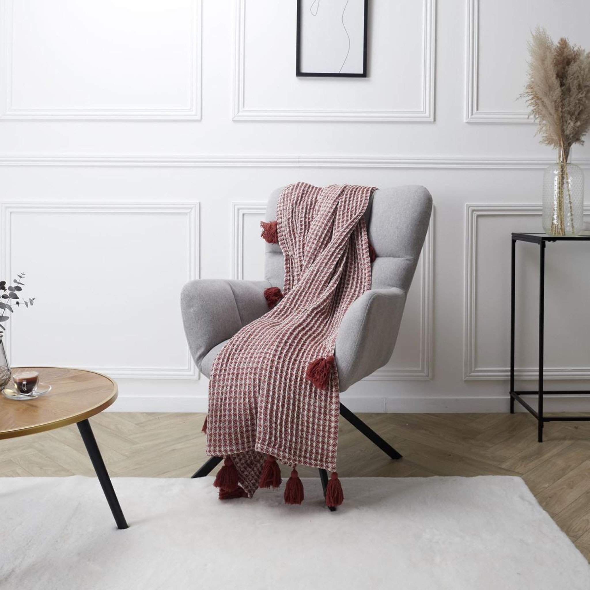 Voir la diapositive 2 : The Home Deco Factory Plaid nid d'abeille  gaufré  125x150cm rouge & blanc