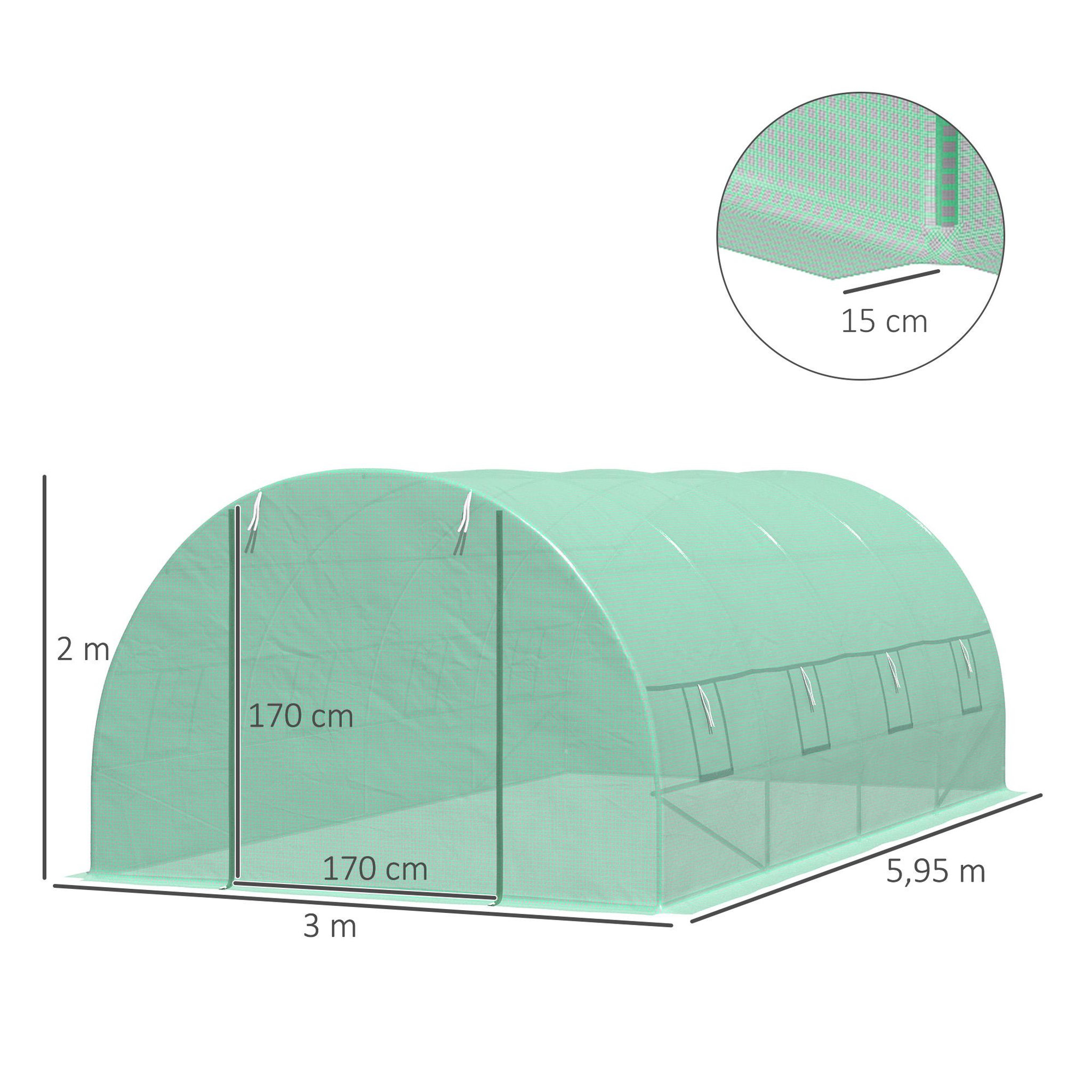 Voir la diapositive 3 : HOMCOM Serre de jardin tunnel 5,9l x 3l x 2h m châssis tubulaire acier galvanisé renforcé 2,5 cm 8 fenêtres 1 porte vert