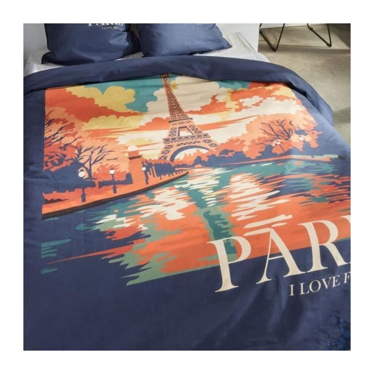 Today Parure de lit - TODAY - JAVA - 2 personnes - 240x220 cm - Coton - Imprimé Paris - Bleu