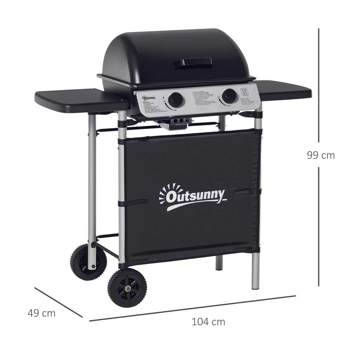 OUTSUNNY Barbecue gaz 2 brûleurs 2,8kW avec couvercle - grille, récupérateur graisse, 2 tablettes latérales, 2 roues - gris noir