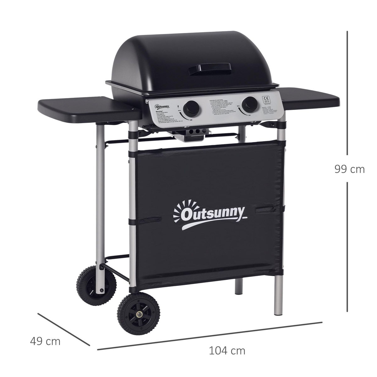 OUTSUNNY Barbecue gaz 2 brûleurs 2,8kW avec couvercle - grille, récupérateur graisse, 2 tablettes latérales, 2 roues - gris noir
