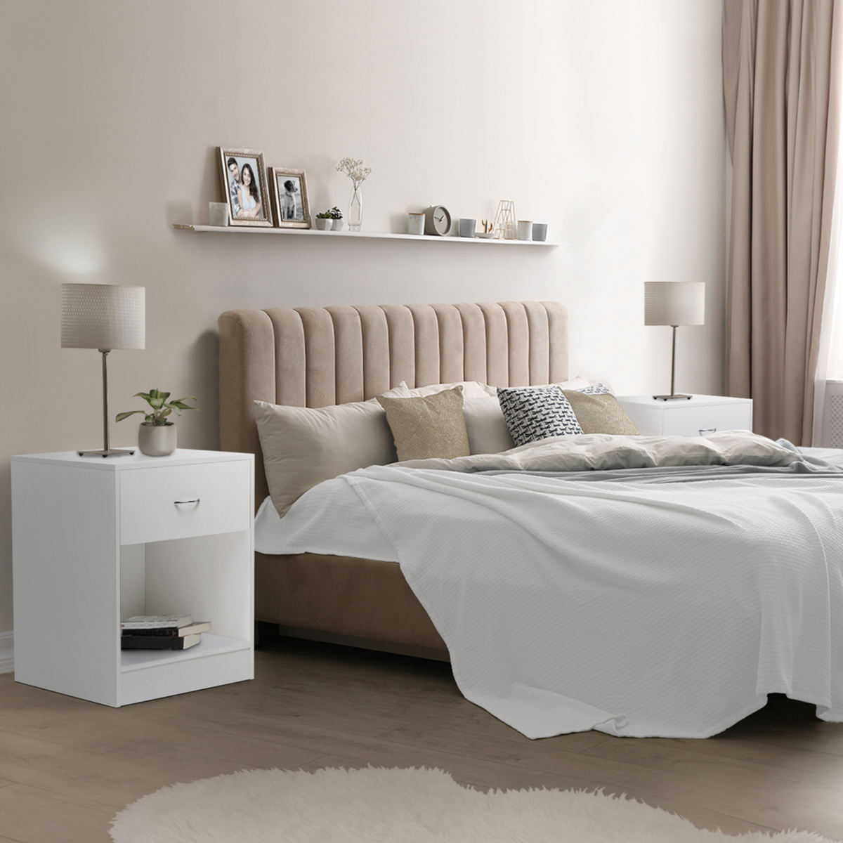 ID MARKET Lot de 2 tables de chevet OLGA 1 tiroir avec niche bois blanc