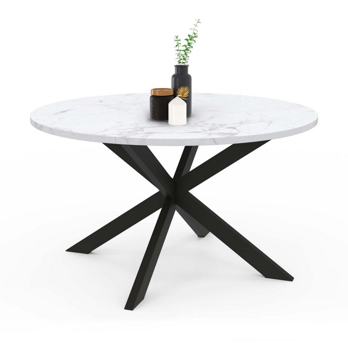 ID MARKET Table basse ronde ALASKA 70 cm plateau effet marbre blanc et  pied araignée métal noir