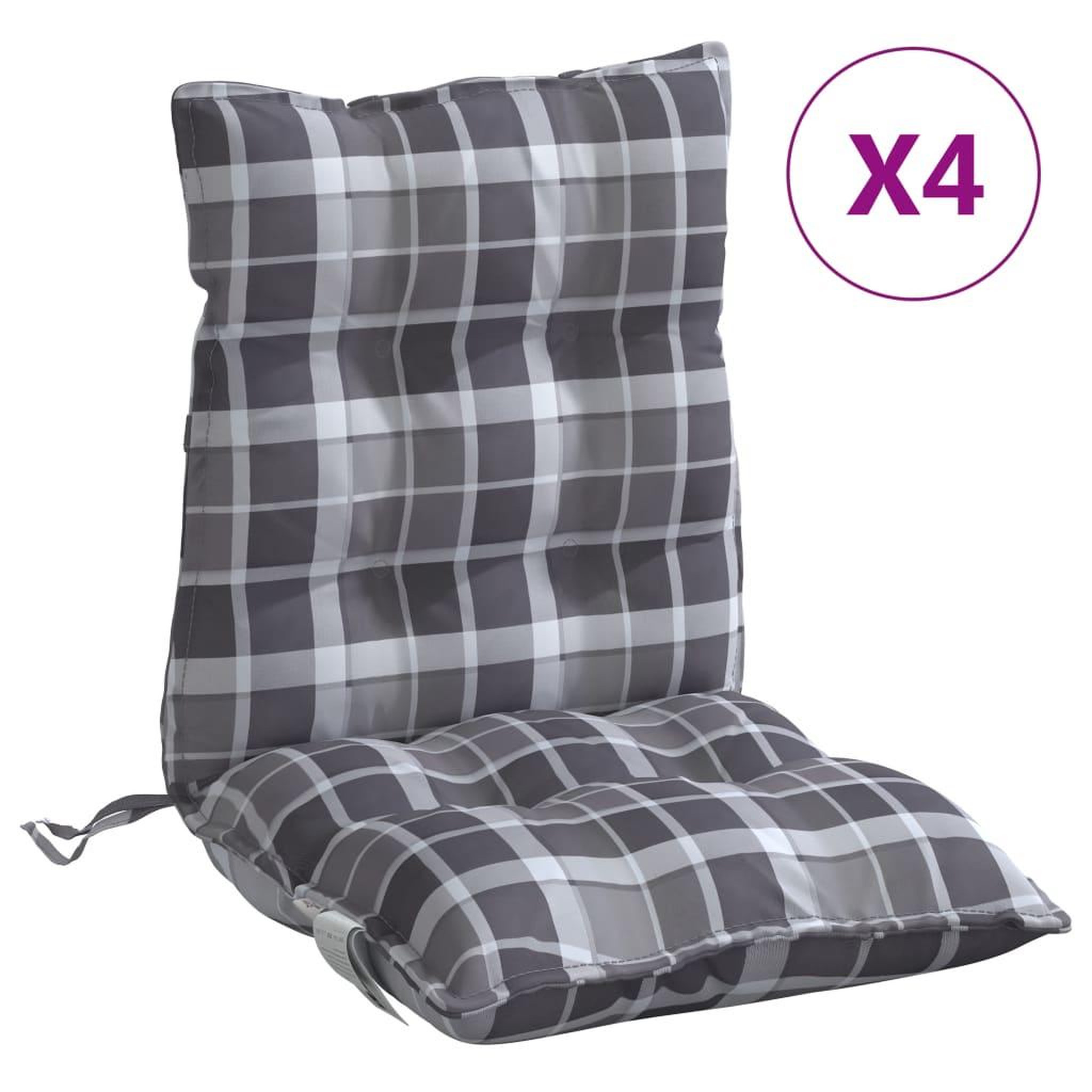 Voir la diapositive 2 : VIDAXL Coussins de chaise a dossier bas lot de 4 motif a carreaux gris