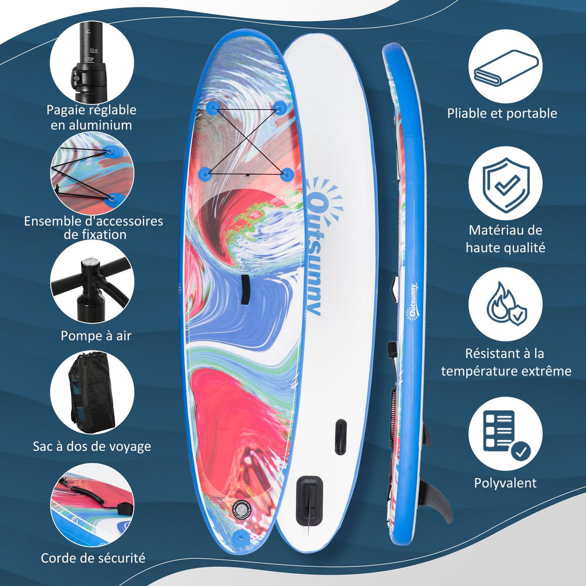 OUTSUNNY Stand up paddle gonflable surf planche de paddle pour adulte dim. 320L x 76l x 15H cm nombreux accessoires fournis PVC bleu rouge