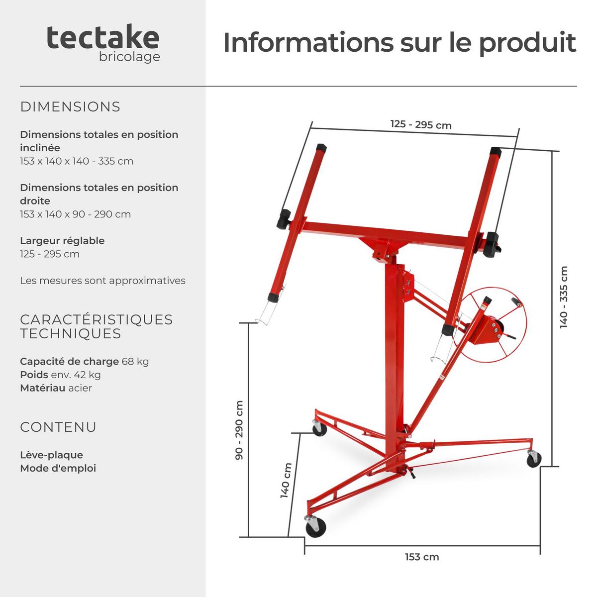 tectake Lève-plaque peut s'utiliser seul rouge