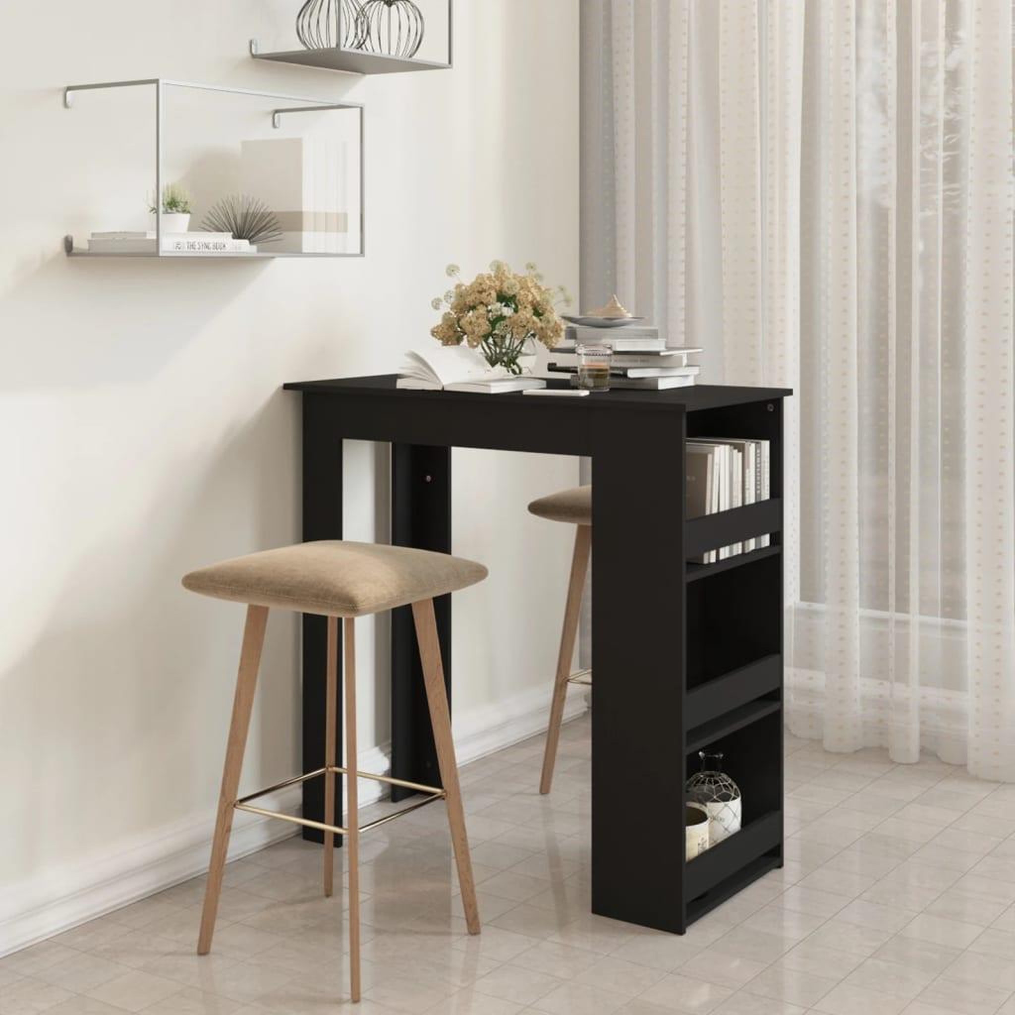 Voir la diapositive 1 : VIDAXL Table de bar et rangement Noir 102x50x103,5cm Bois d'ingenierie