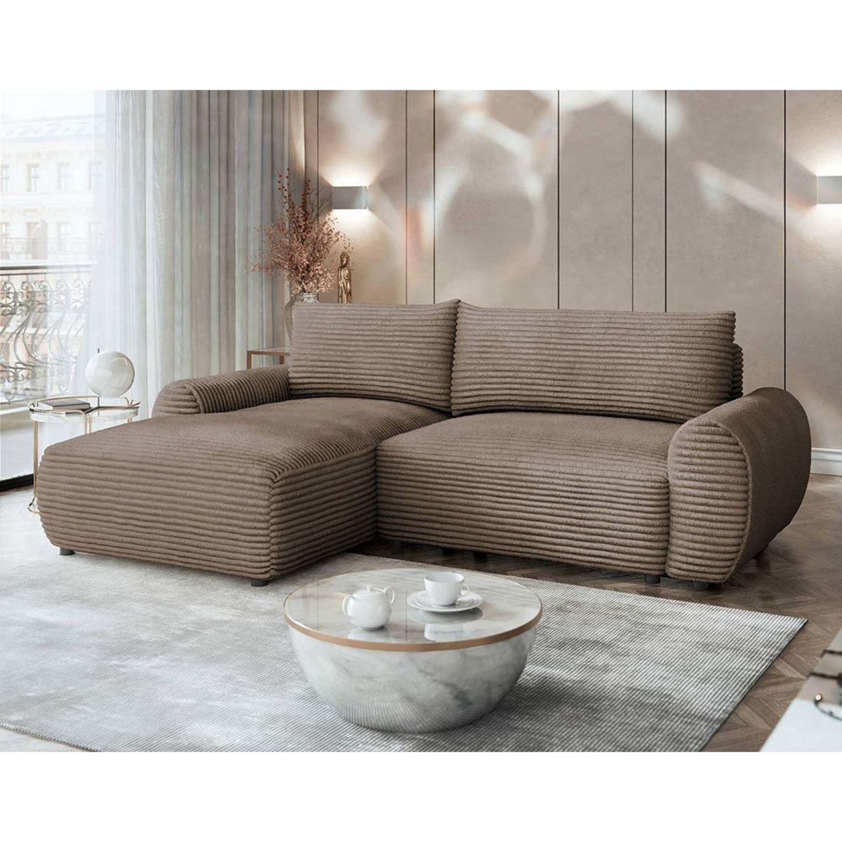 BEST MOBILIER Silvano - canapé d'angle gauche 4 places convertible avec coffre en velours côtelé grosses côtes