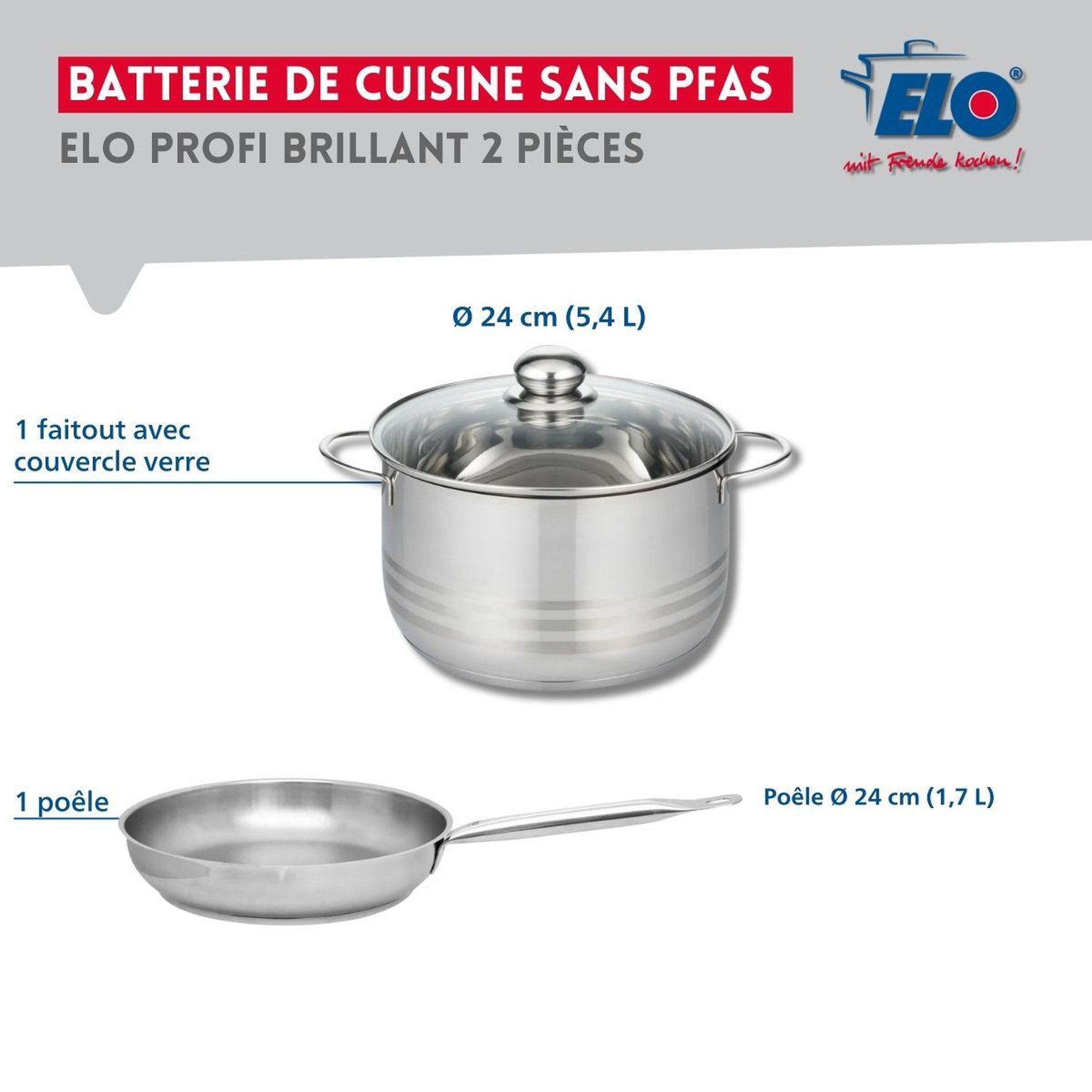 Voir la diapositive 2 : ELO Ensemble de 1 poêle de cuisson 24 cm et 1 faitout 24 cm elo profi brillant