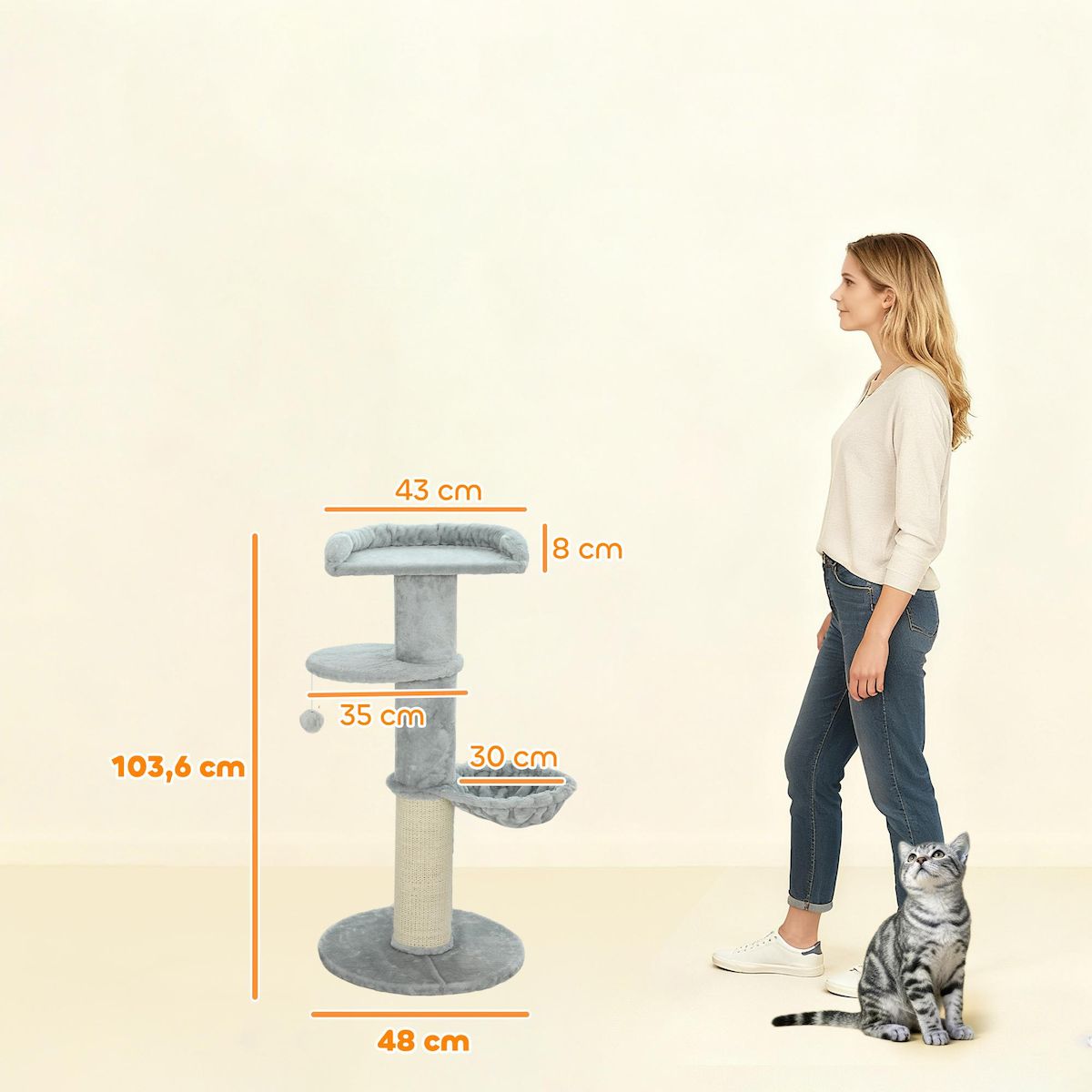 PAWHUT Arbre à chat design gris clair H.103cm - griffoir, hamac, jeu boule, plateformes