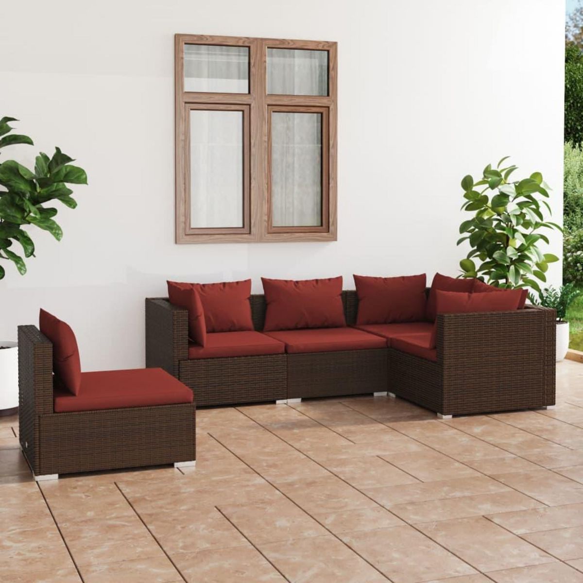 VIDAXL Salon de jardin 5 pcs avec coussins resine tressee marron