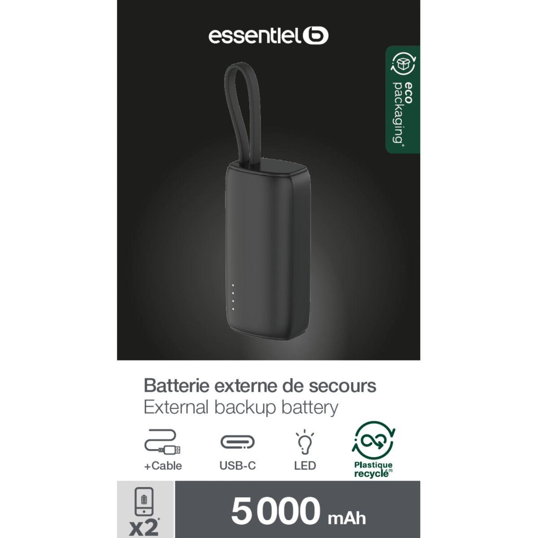 Voir la diapositive 4 : ESSENTIEL B Batterie externe 5 000 mAh avec cable USB-C intégré