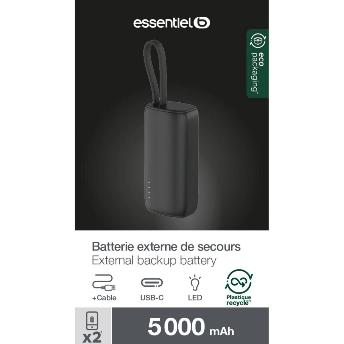 ESSENTIEL B Batterie externe 5 000 mAh avec cable USB-C intégré