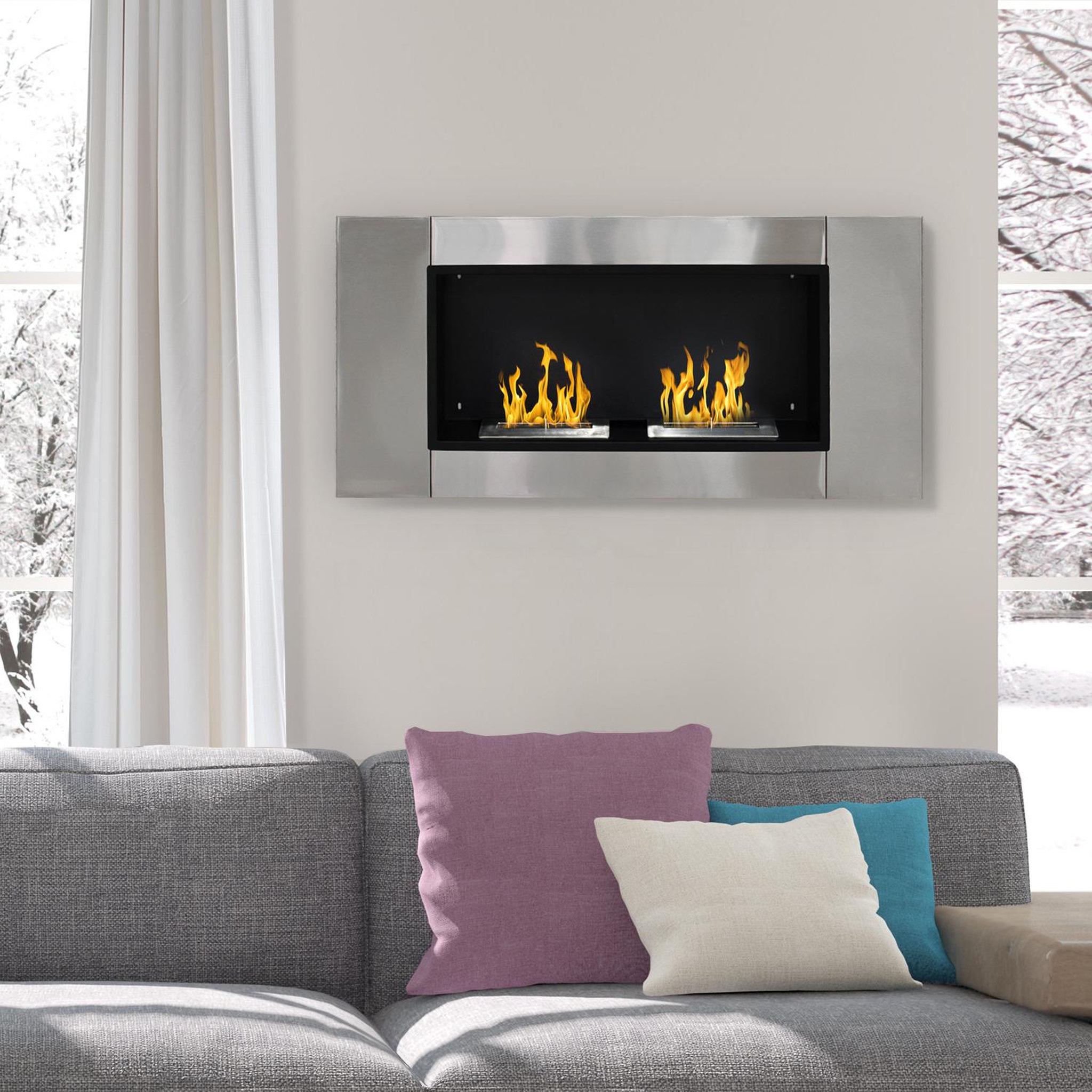 Voir la diapositive 2 : HOMCOM Cheminée bioéthanol murale design Bauhaus 2 brûleurs 3 L couverture 25-30 m² acier inox brossé