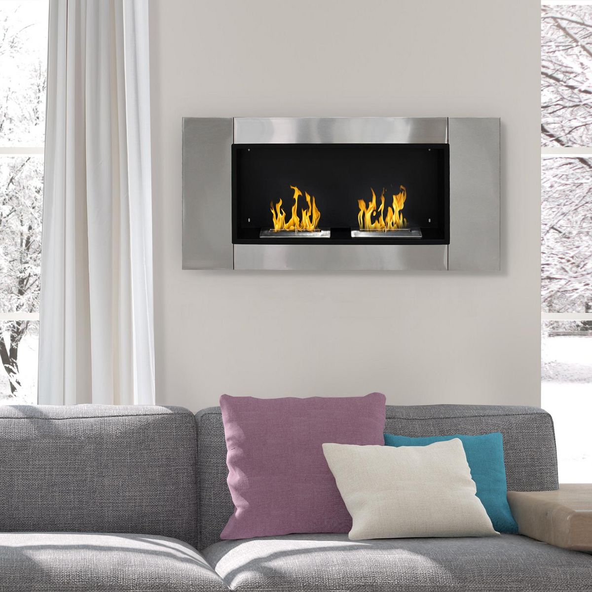 HOMCOM Cheminée bioéthanol murale design Bauhaus 2 brûleurs 3 L couverture 25-30 m² acier inox brossé