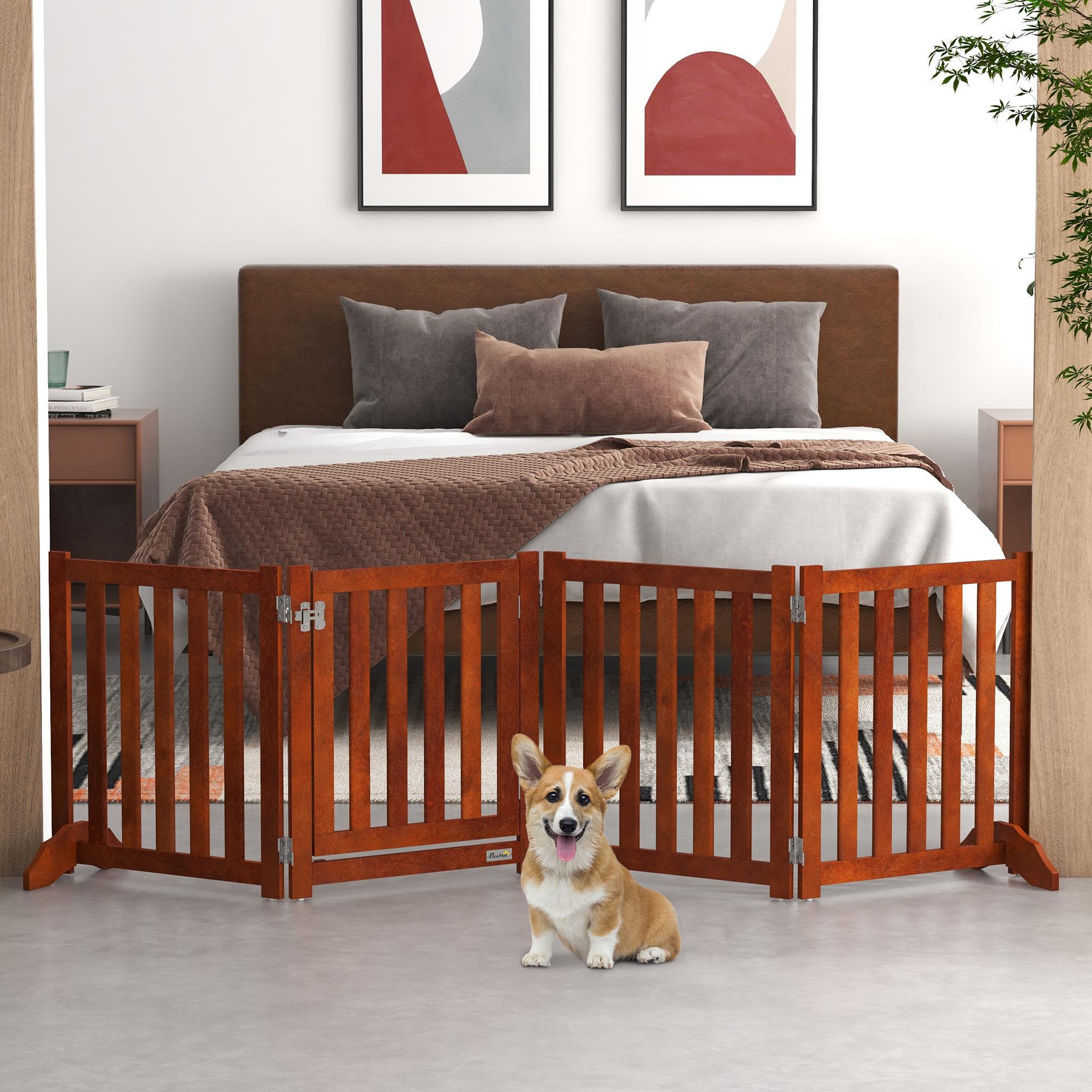 Voir la diapositive 4 : PAWHUT Barrière de sécurité chien pliable modulable autoportante avec porte max. 205 x 60 cm mdf effet acajou