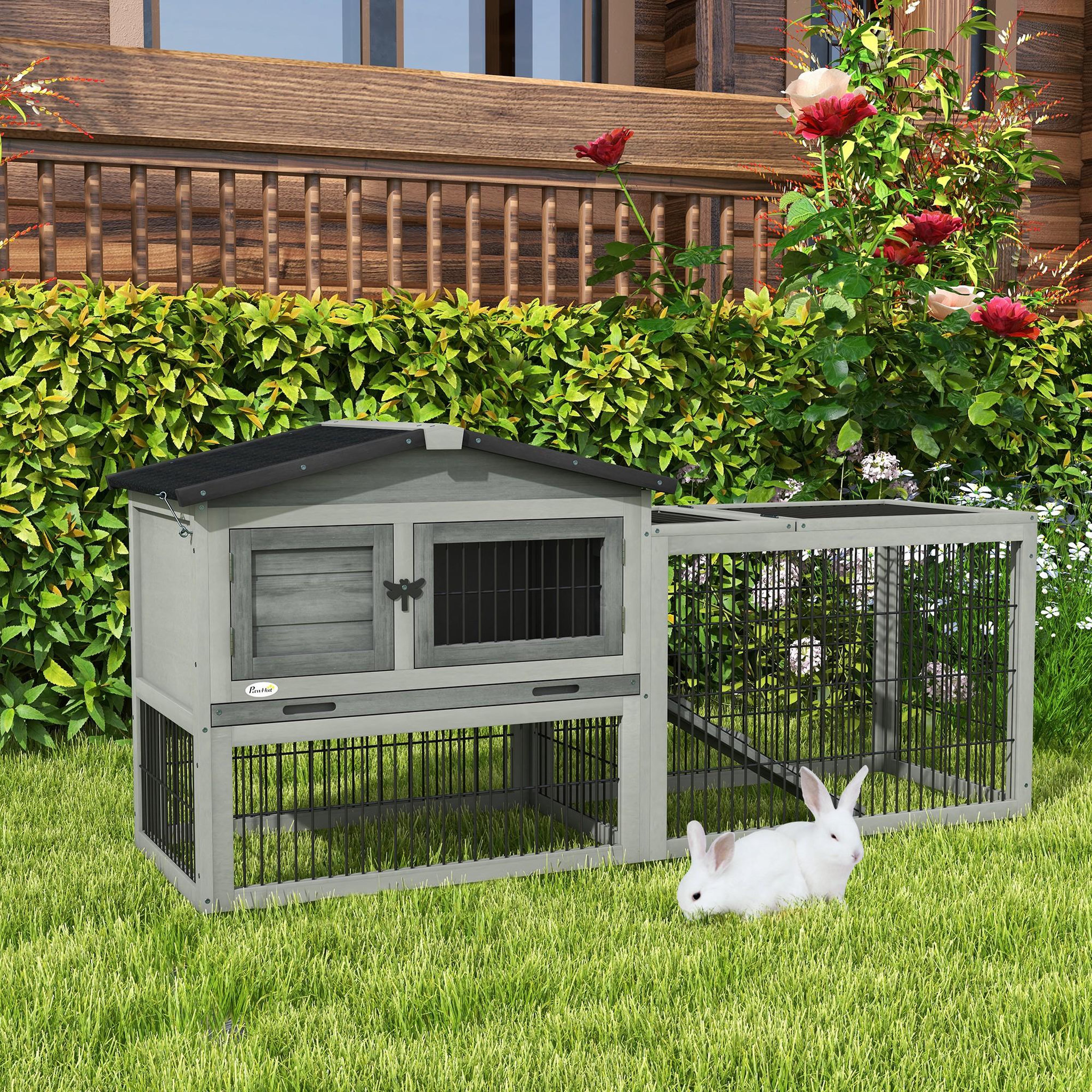 Voir la diapositive 2 : PAWHUT Clapier cage à lapins cottage - niche haute, rampe, enclos extérieur - plateau excrément, toit ouvrant, 2 portes verrouillables - bois gris