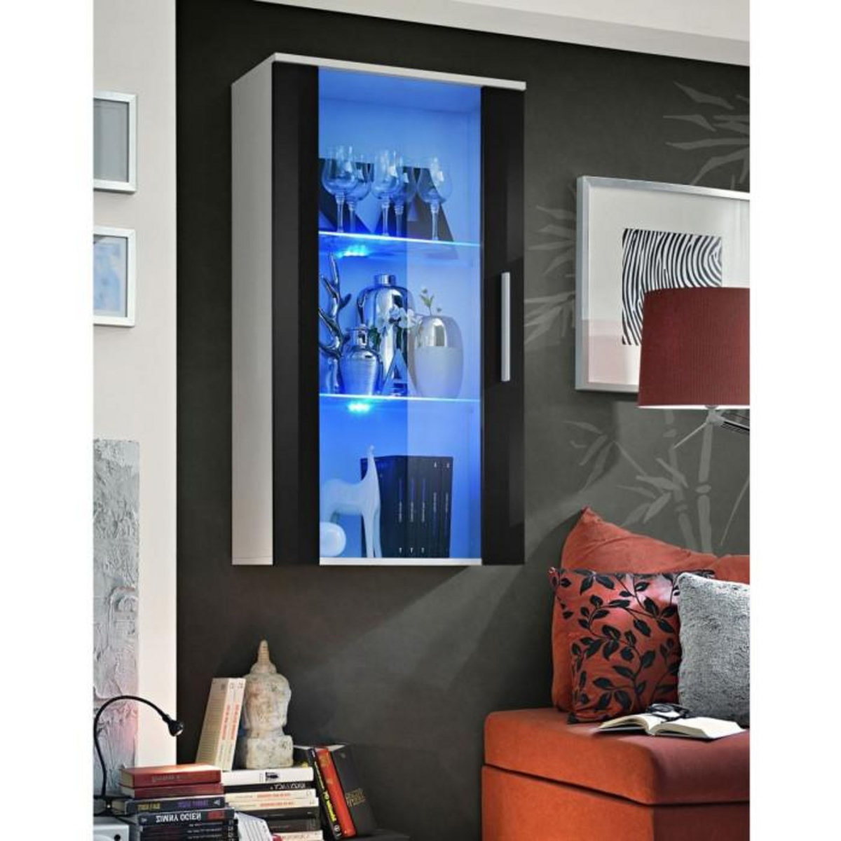 Paris Prix Vitrine LED Murale Design  Neo  110cm Blanc & Noir Brillant