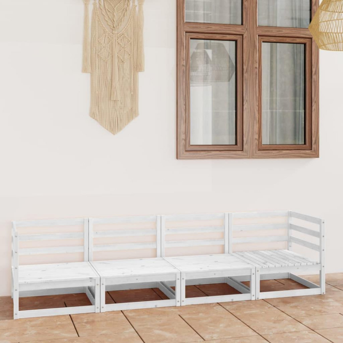 VIDAXL Canape a 4 places de jardin Blanc Bois de pin solide