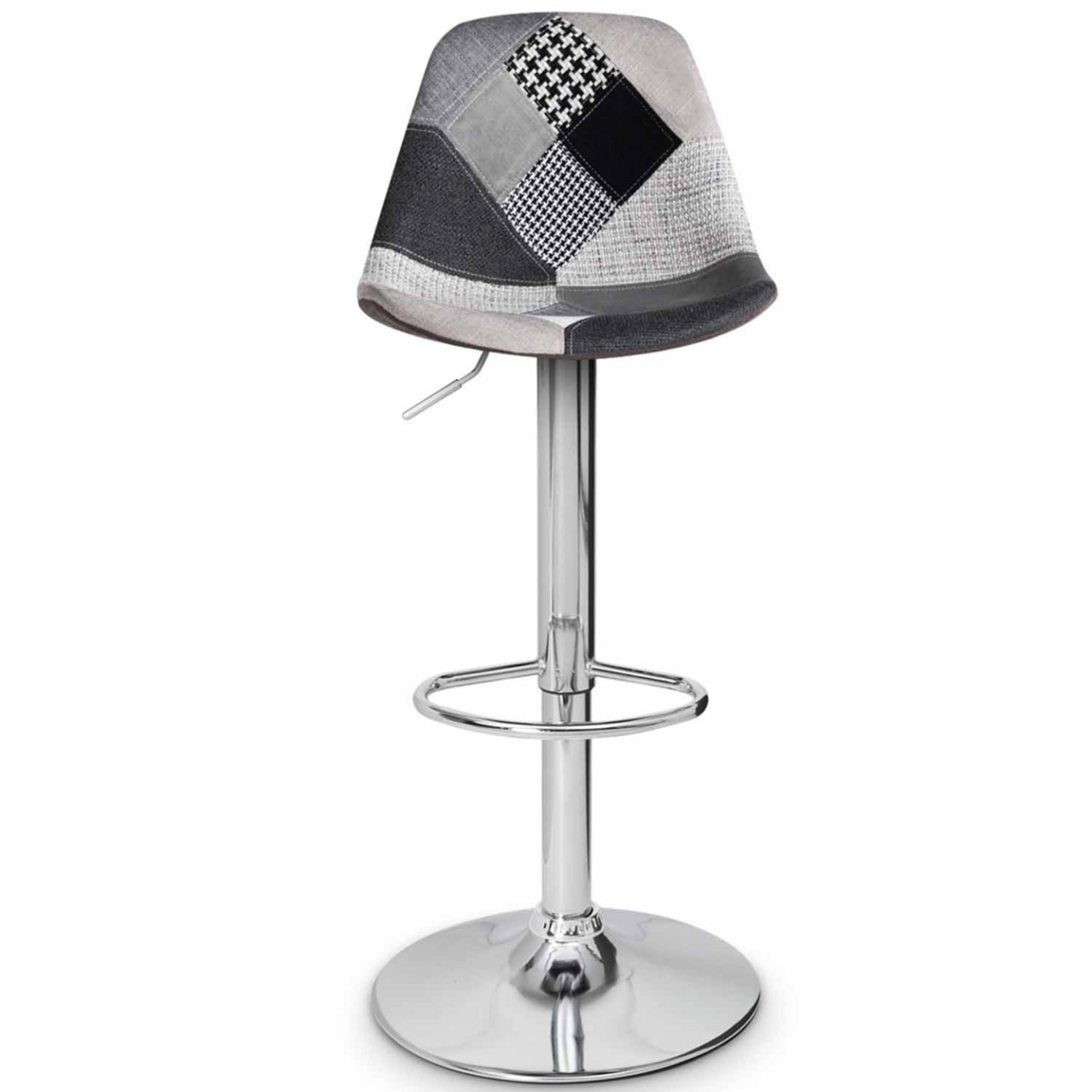 ID MARKET Lot de 2 tabourets de bar KARL design patchworks noirs, gris et blancs pied chromé