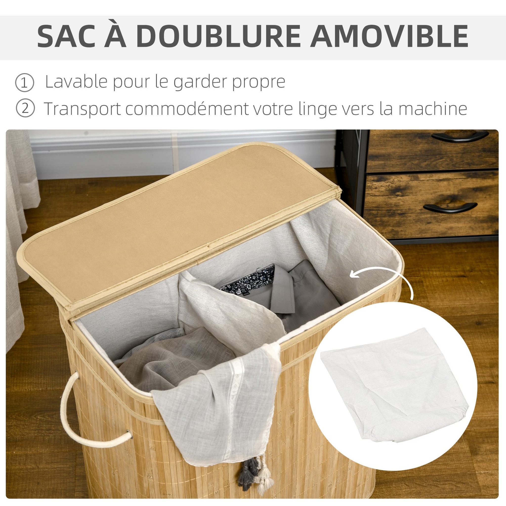 Voir la diapositive 5 : HOMCOM Panier à linge corbeille à linge bac à linge 100 l 2 compartiments couvercle sac amovible 2 poignées tissu bambou