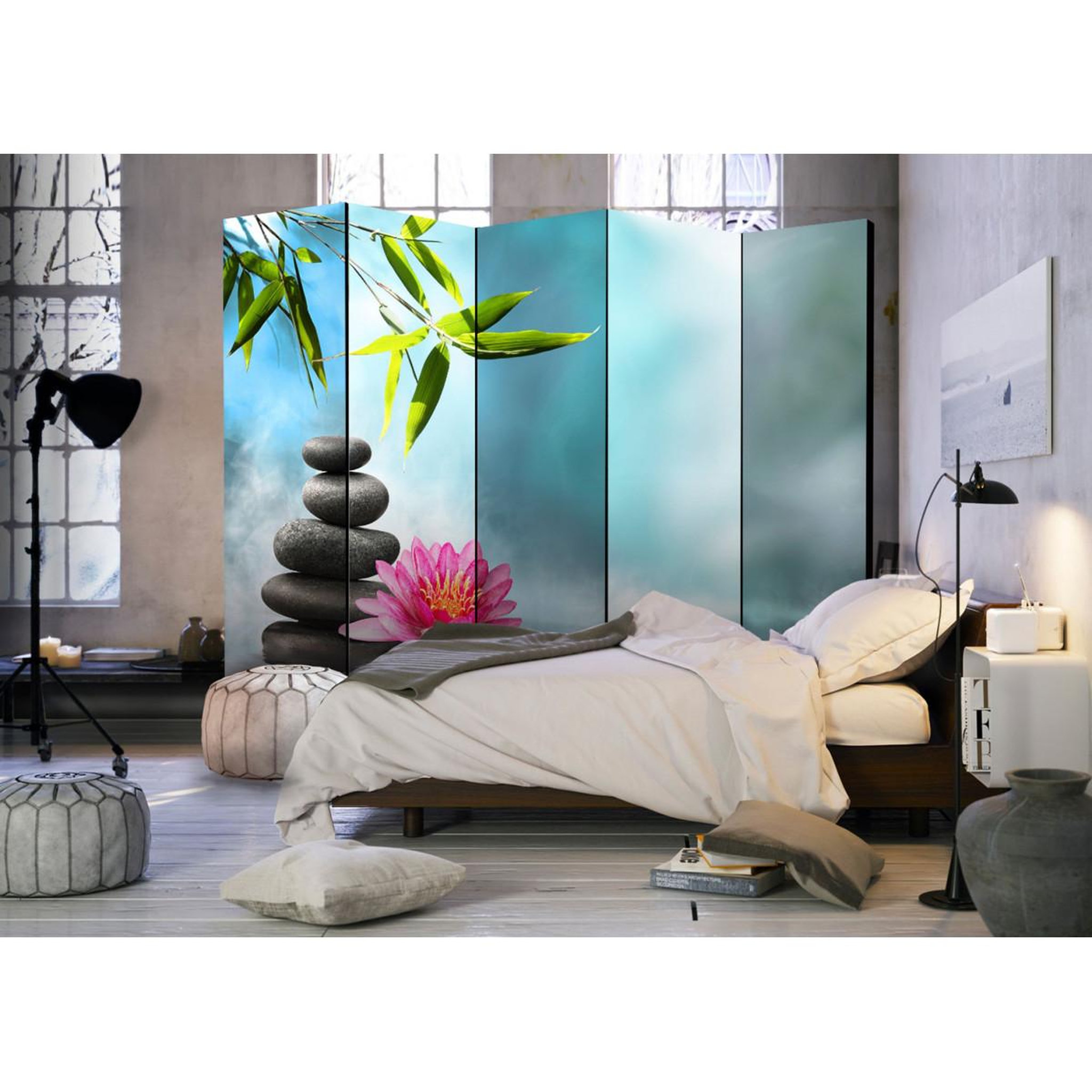 Voir la diapositive 2 : Paris Prix Paravent 5 volets  water lily & zen stones  172x225cm