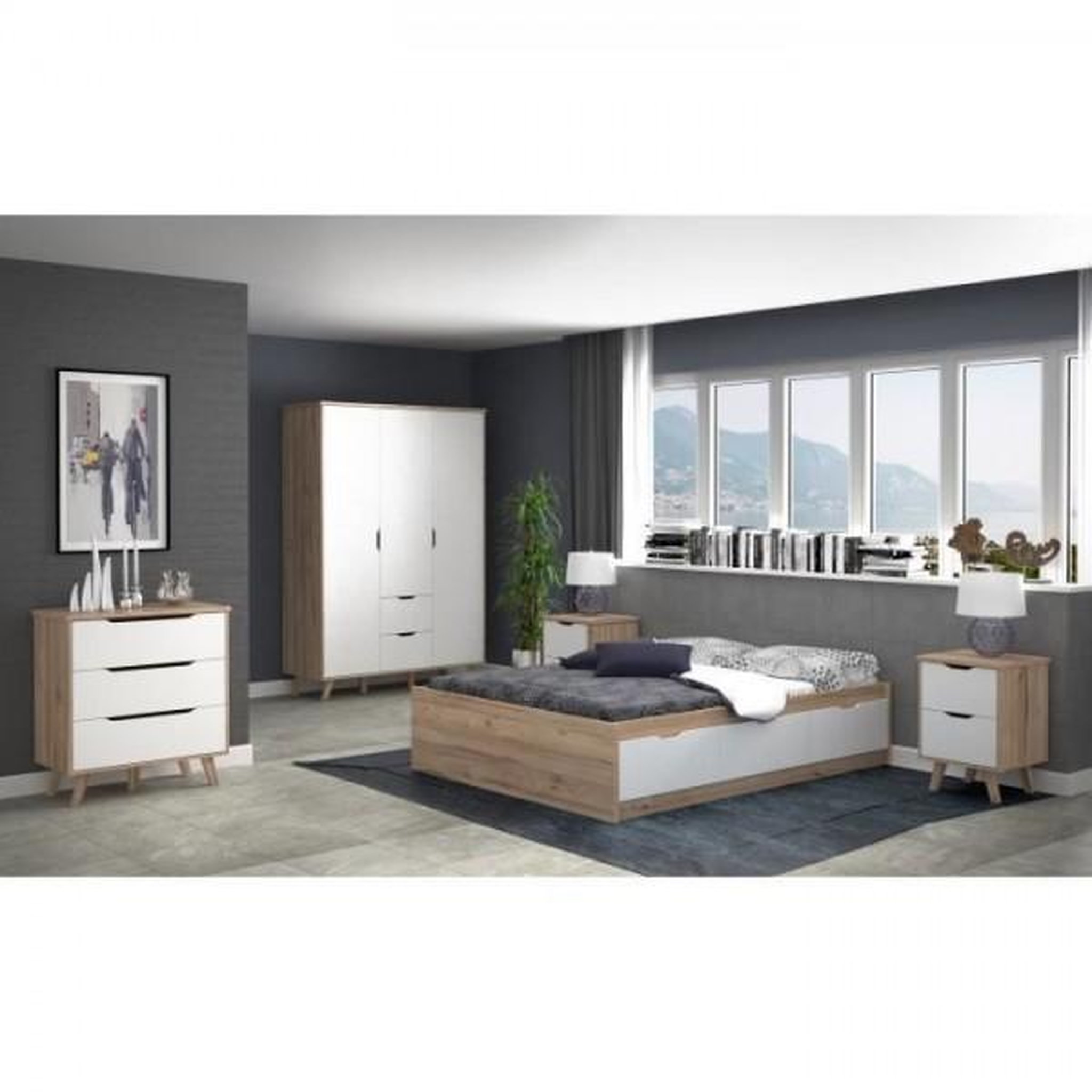 Voir la diapositive 5 : MARKET24 Commode 3 tiroirs - Décor chene et blanc mat - Pieds en massif - Scandinave L 80 cm - VANKKA