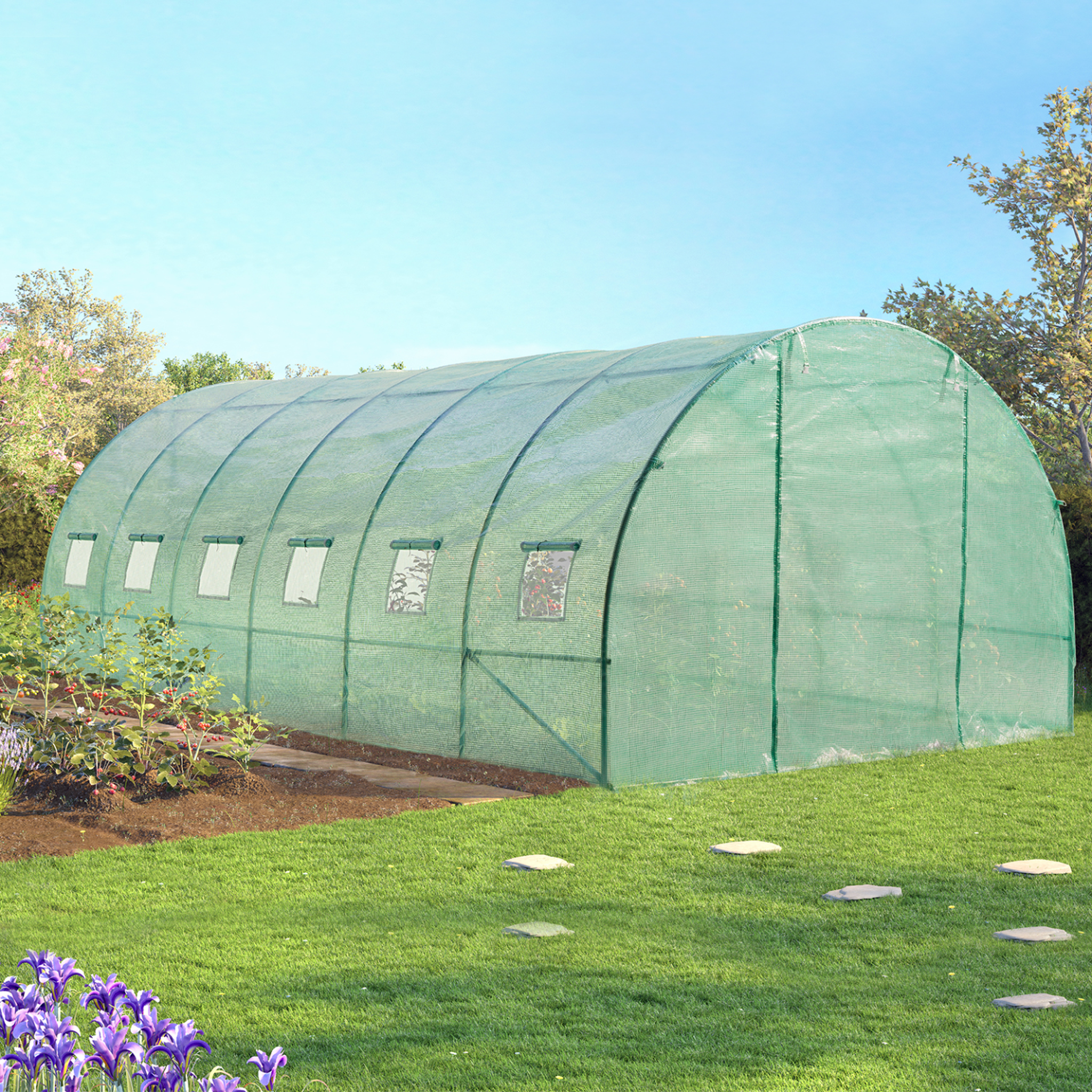 Voir la diapositive 3 : ID MARKET Serre de jardin tunnel 18m² 6 x 3 x 2 m acier galvanisé + bâche anti-uv avec porte et fenêtres crimée verte
