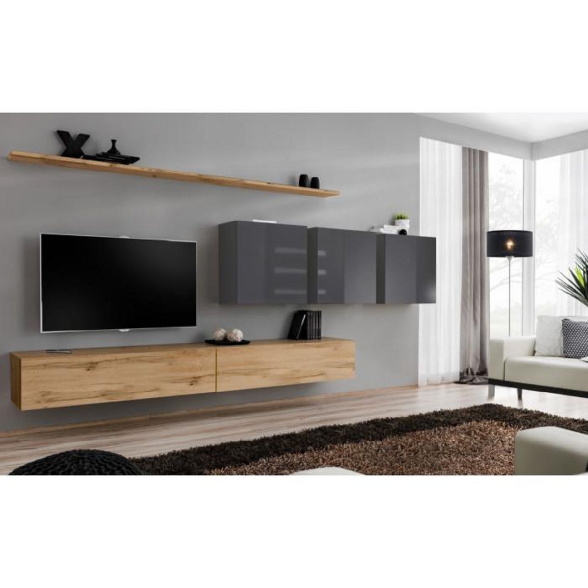 Paris Prix Meuble TV Mural Design  Switch VII  340cm Naturel & Gris