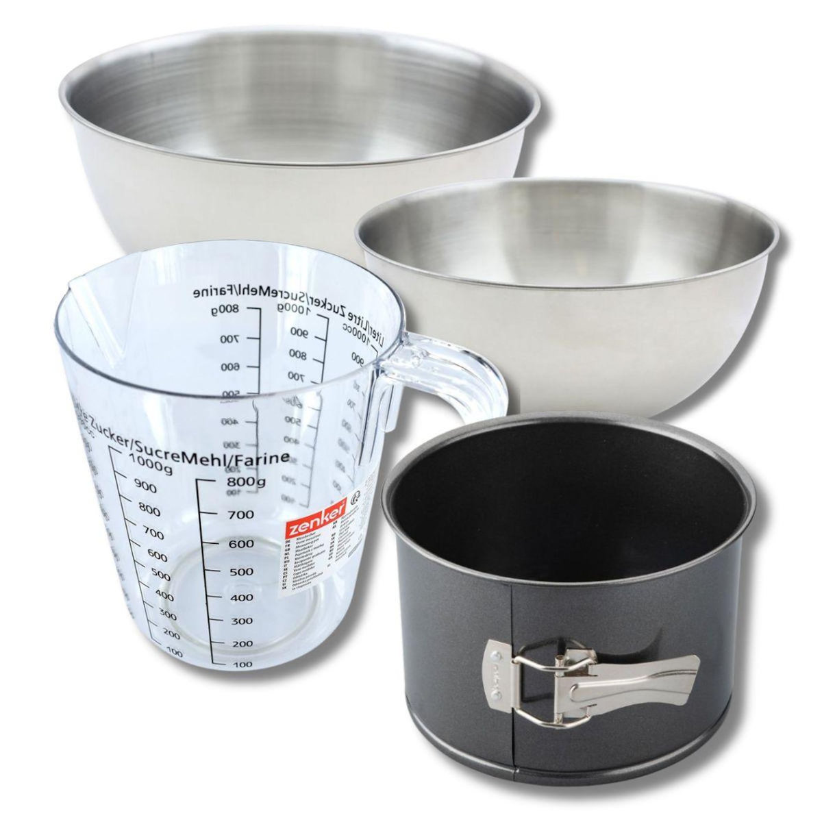 ZENKER Set pâtisserie avec moule à panettone 18 cm à charnière, 2 bols à mixer, verre mesureur et spatule Zenker