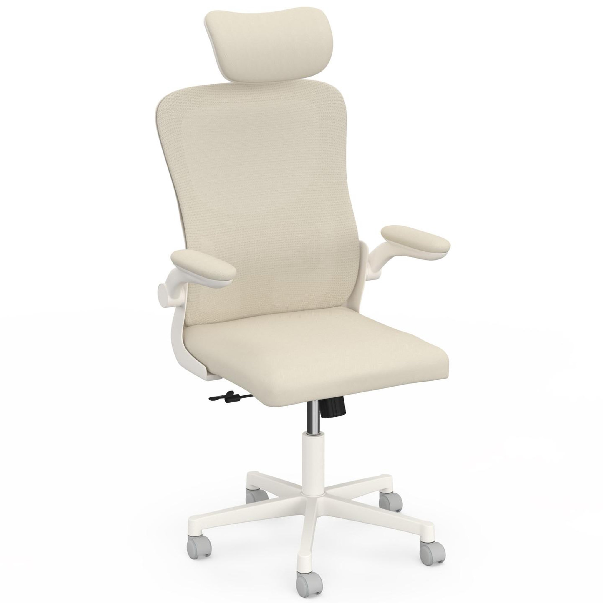 ID MARKET Fauteuil de bureau JAMES ergonomique en toile respirante et appui-tête avec roulettes beige et blanc