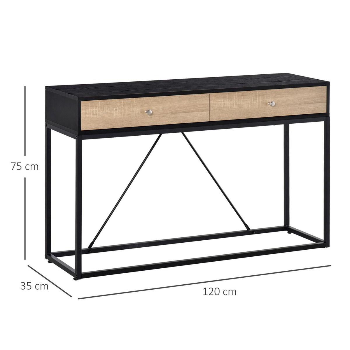 HOMCOM Table console moderne 2 tiroirs métal et panneau de particules dim. 120 x 35 x 75 cm
