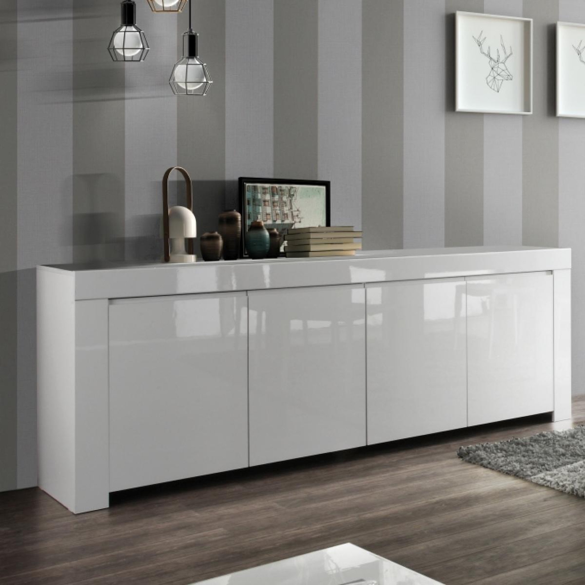 Voir la diapositive 2 : JLC KREATION Buffet design 4 portes laqué blanc 210cm APHODITE