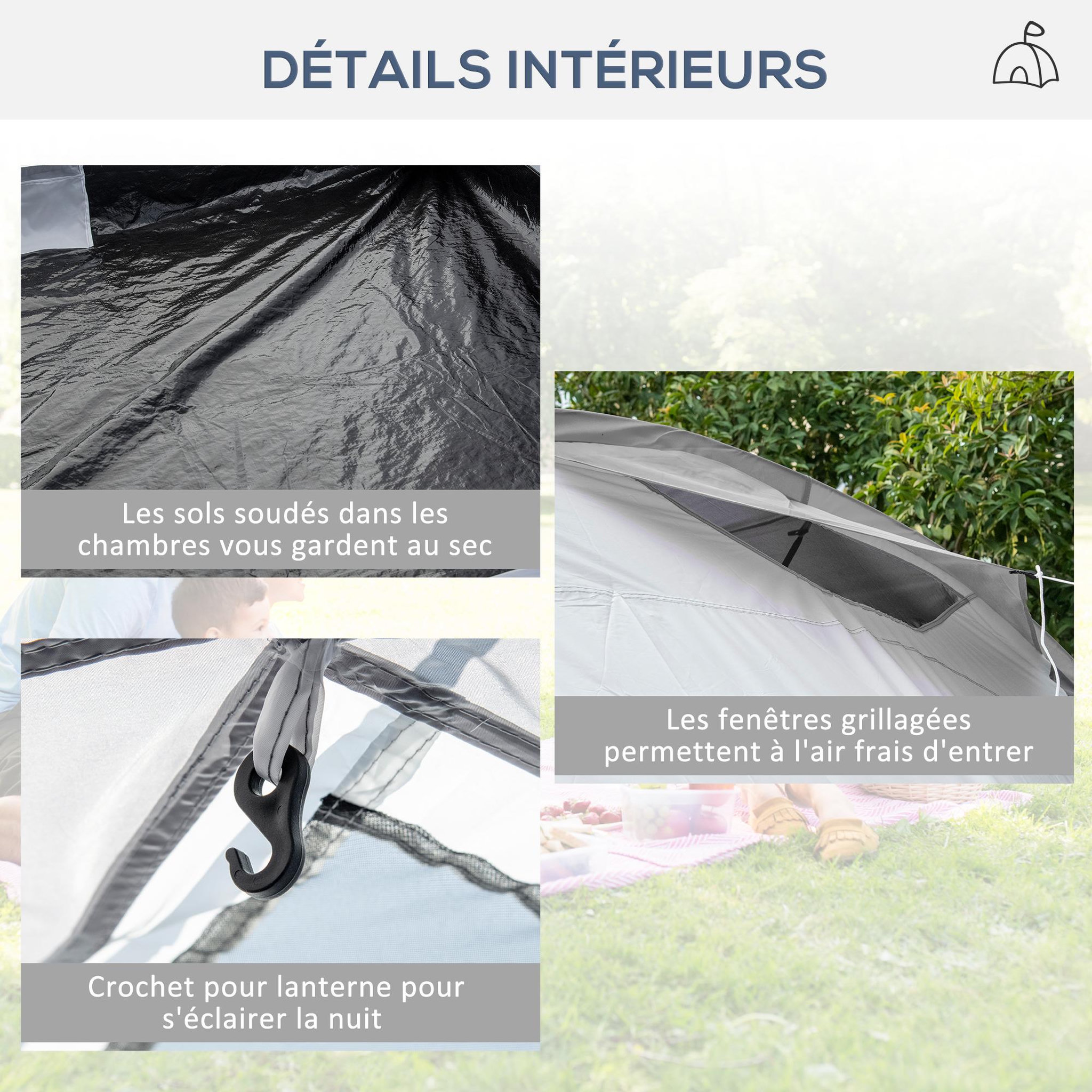 Voir la diapositive 6 : OUTSUNNY Tente de camping familiale 4-6 personnes 2 cabines 2 portes auvent 5,9l x 2,45l x 1,93h m rouge gris