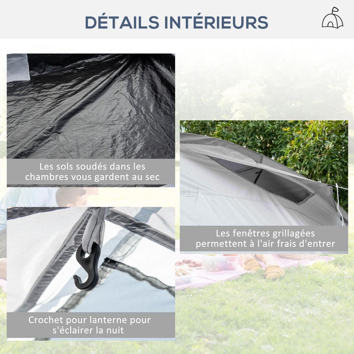 OUTSUNNY Tente de camping familiale 4-6 personnes 2 cabines 2 portes auvent 5,9L x 2,45l x 1,93H m rouge gris