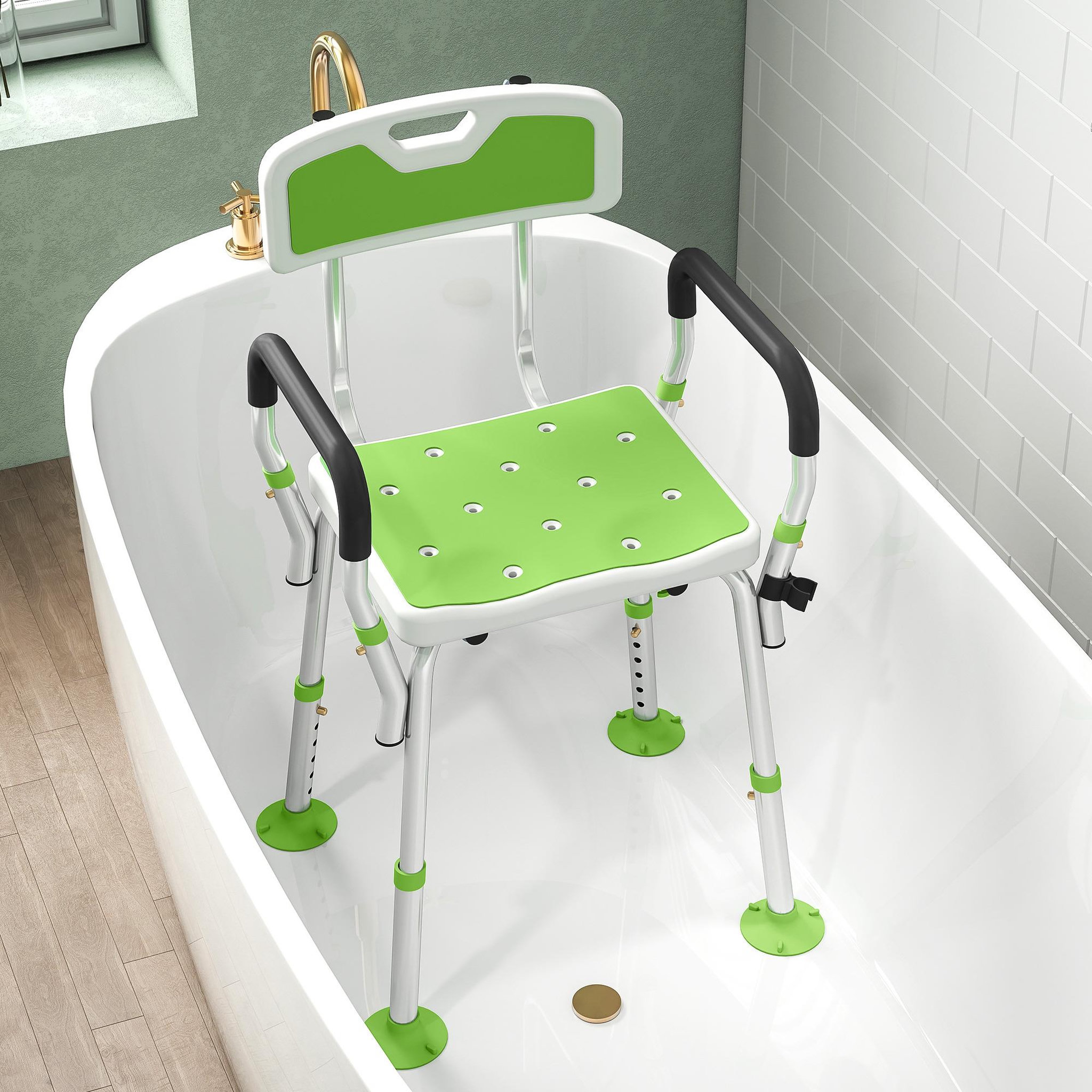 Voir la diapositive 4 : HOMCOM Chaise de douche siège de douche ergonomique hauteur réglable pieds antidérapants charge max. 136 kg alu hdpe blanc vert