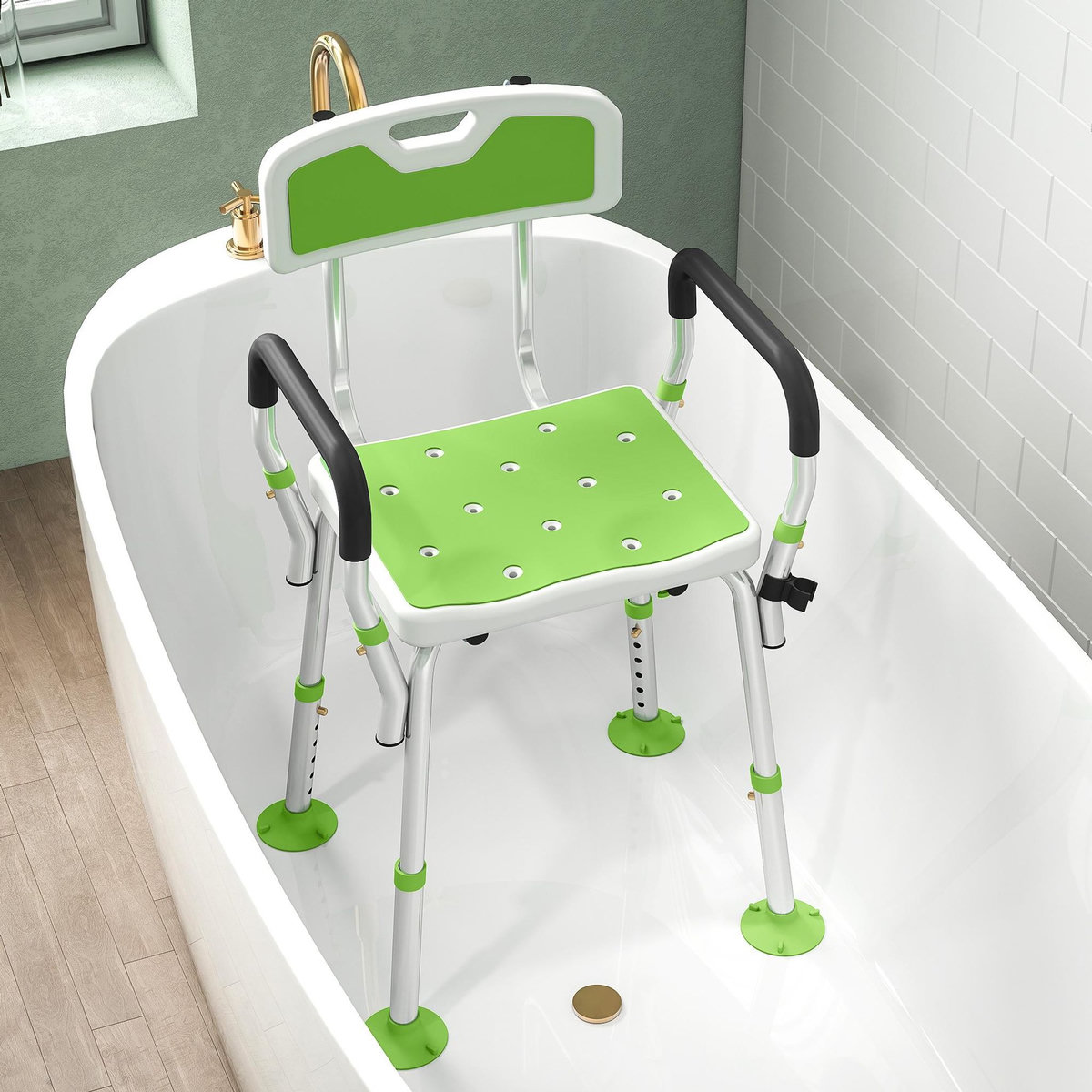 HOMCOM Chaise de douche siège de douche ergonomique hauteur réglable pieds antidérapants charge max. 136 Kg alu HDPE blanc vert