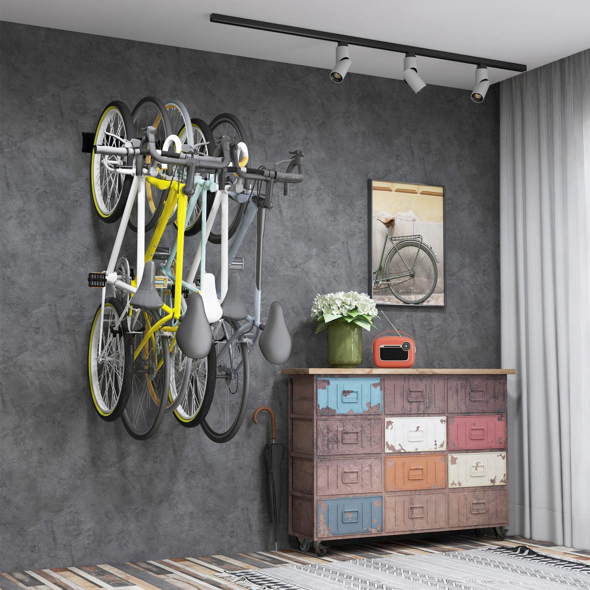 Voir la diapositive 2 : HOMCOM Support mural pour vélos, porte-vélos mural rangement pour 5 vélos et 3 casques, crochets de rangement réglables, porte-vélos, 121,5 x 10 cm noir