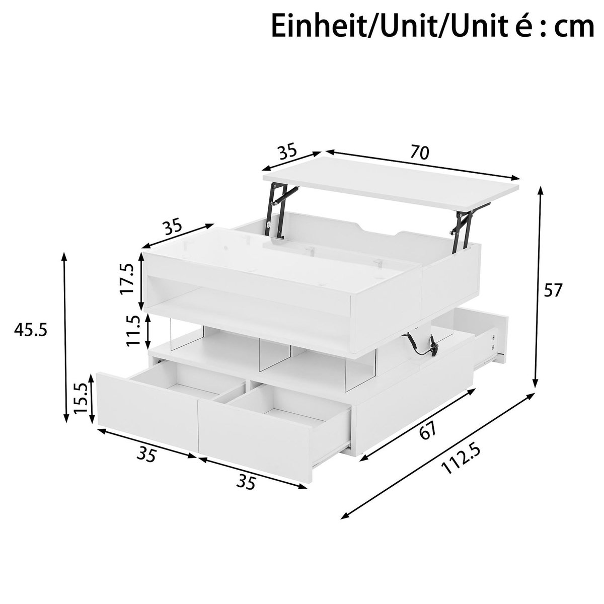 MERAX Table basse relevable rectangulaire blanc - 67x70 cm led panneau de particules