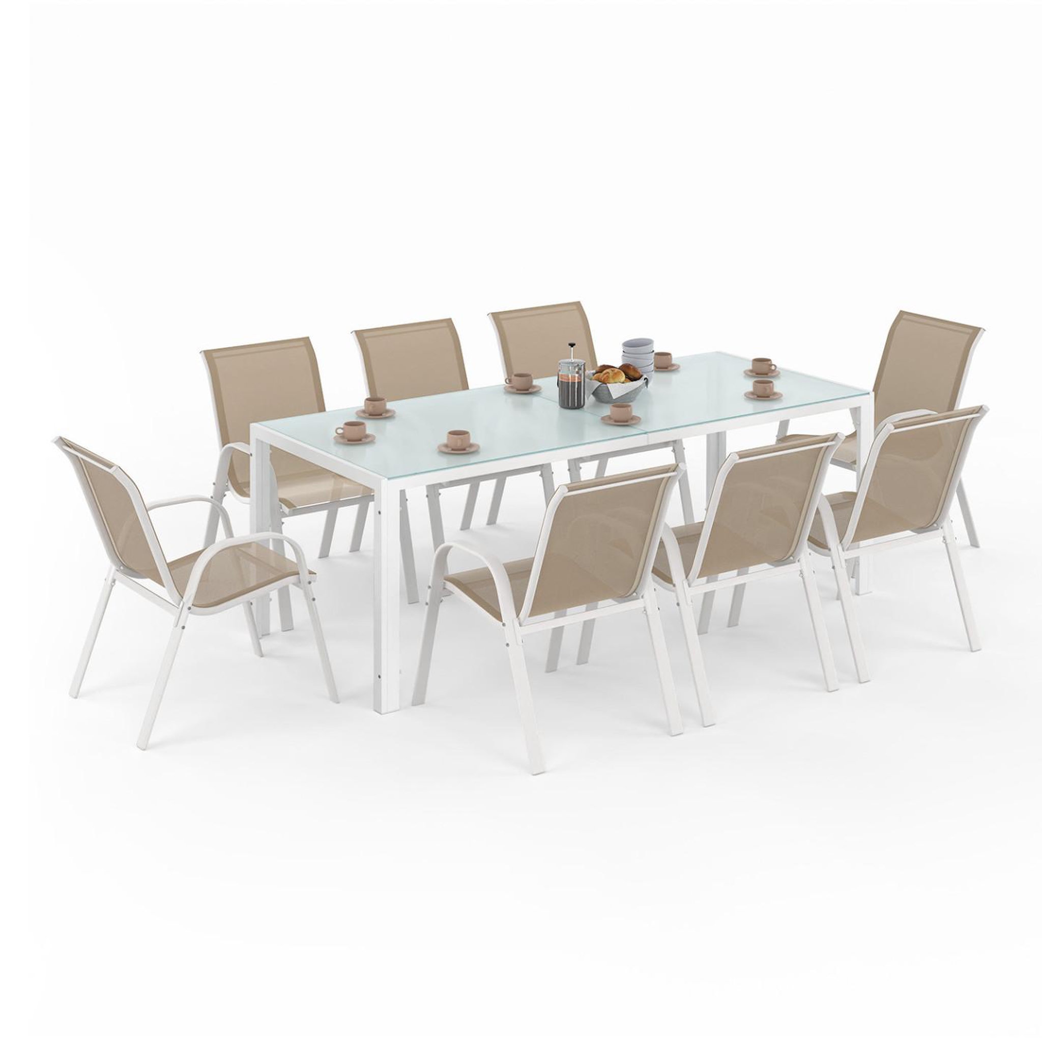 ID MARKET Salon de jardin madrid table 190 cm et 8 chaises empilables blanc et beige taupe