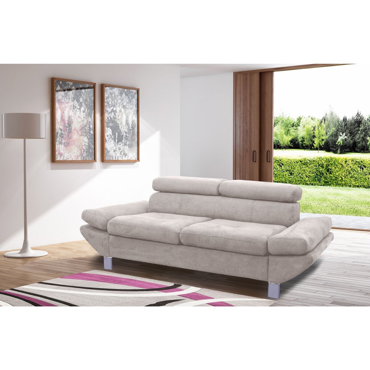 Canapé fixe 2 ou 3 places VERONIQUE, tissu toucher doux, tétière et accoudoir réglables