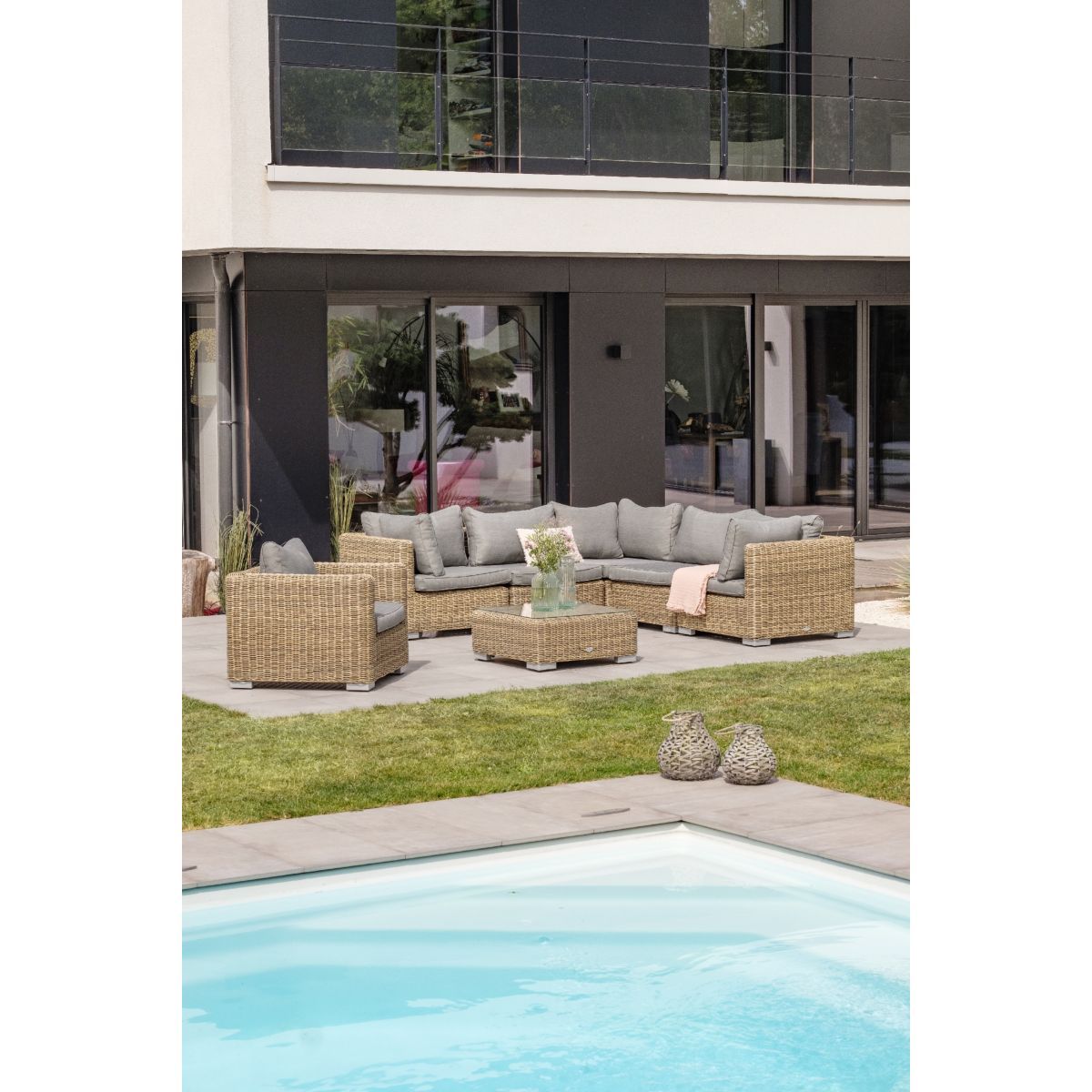 PARIS GARDEN Salon bas de jardin modulable - 6 places - Résine tressée - miel - MONTMARTRE