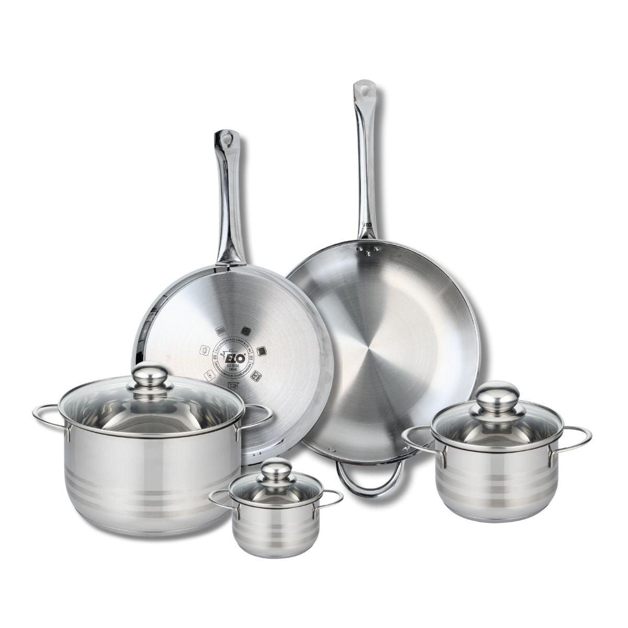 ELO Ensemble de 2 poêles de cuisson 28 et 32 cm et 3 faitouts 12, 16 et 24 cm elo profi brillant