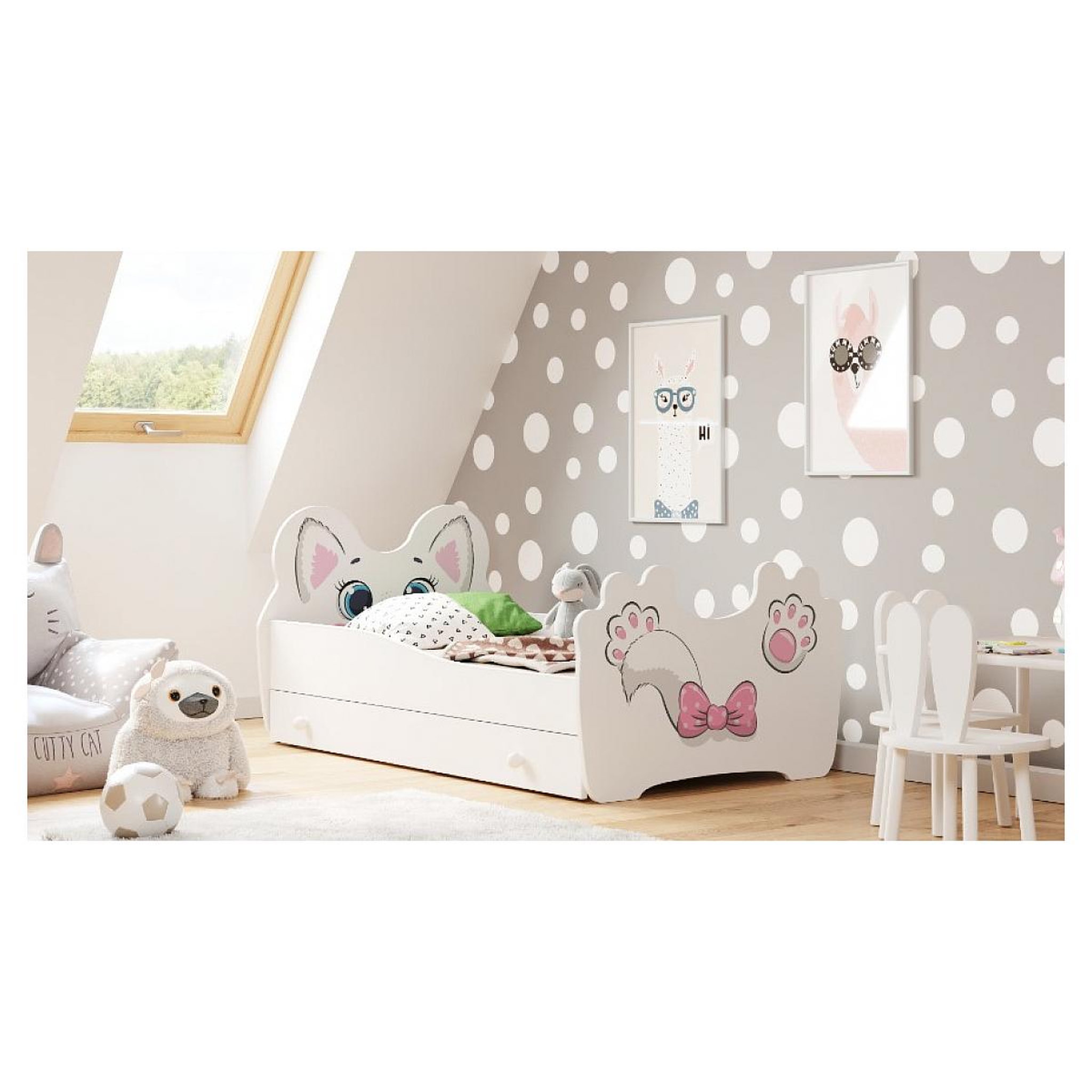 Voir la diapositive 2 : KOBI Lit simple enfant  PINK CAT 140 + tiroir de rangement avec matelas