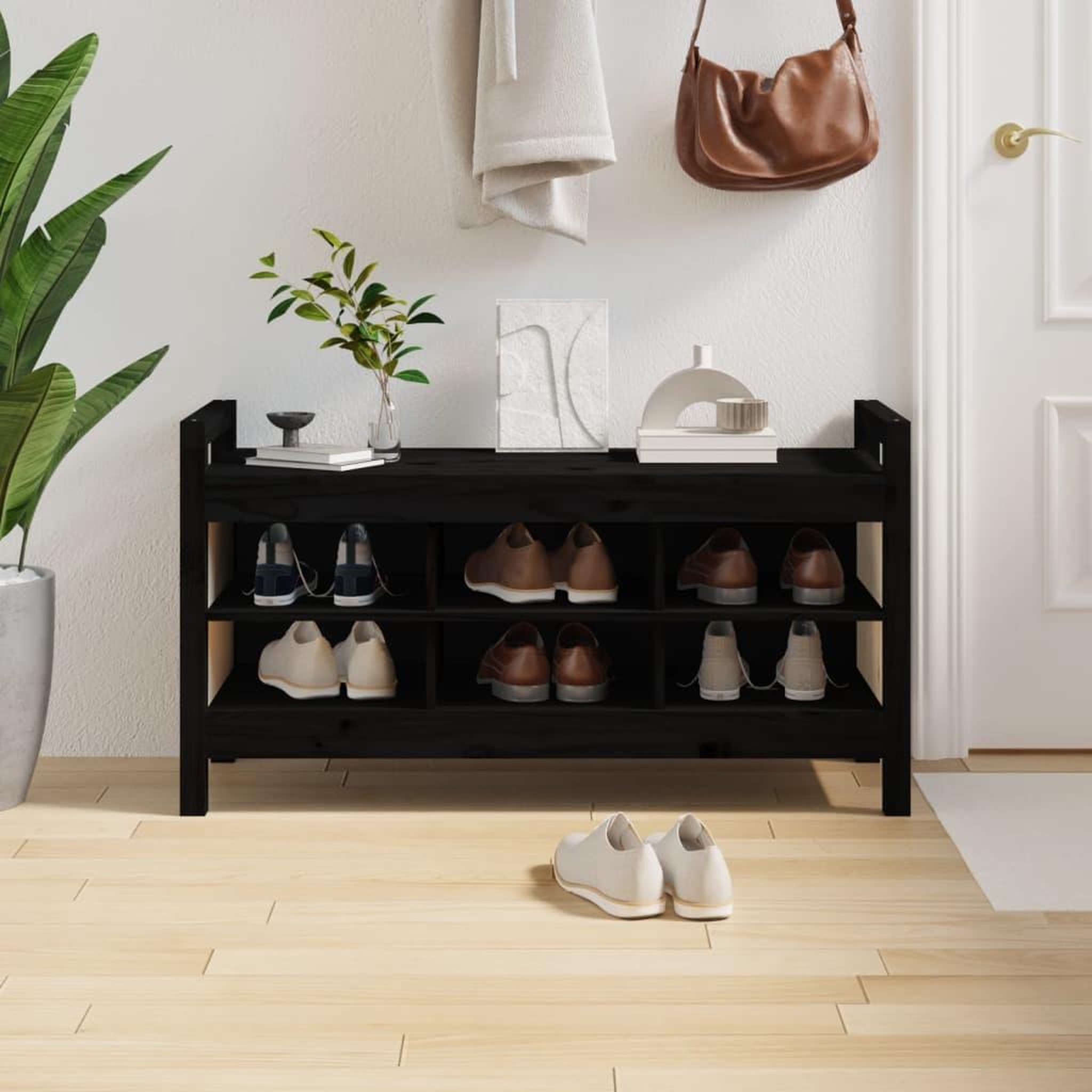 Voir la diapositive 1 : VIDAXL Banc d'entree Noir 110x40x60 cm Bois de pin massif