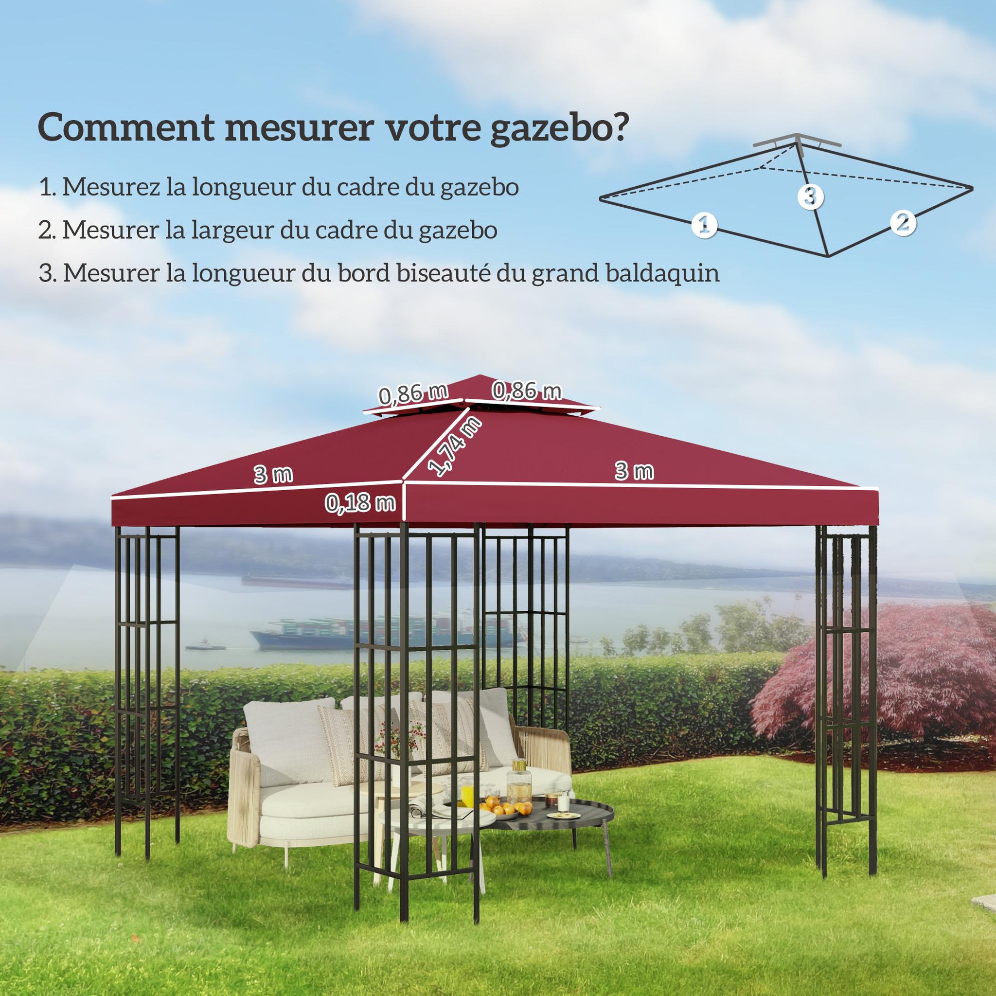 Voir la diapositive 3 : OUTSUNNY Toile de rechange pour pavillon tonnelle tente 3 x 3 m polyester haute densité 180 g/m² bordeaux